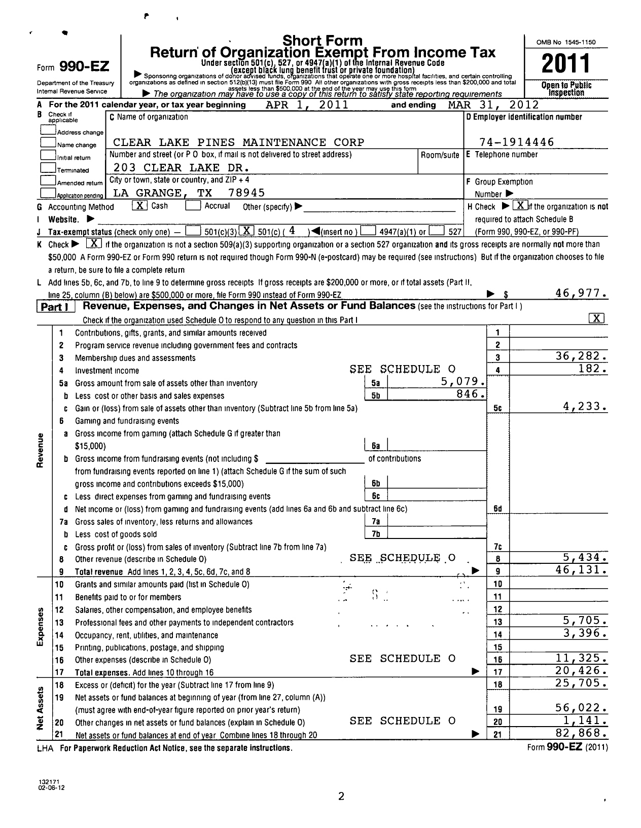 Image of first page of 2011 Form 990EO for Clear Lake Pines Maintenance Corporation