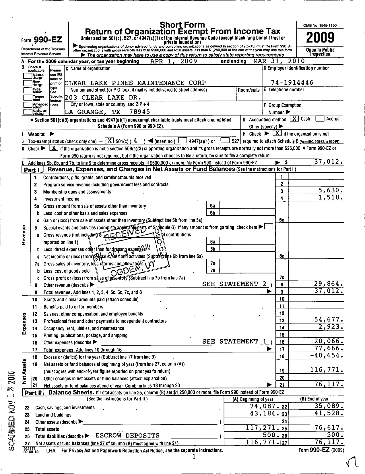 Image of first page of 2009 Form 990EO for Clear Lake Pines Maintenance Corporation