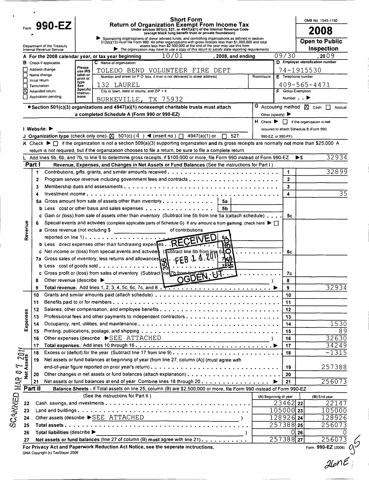 Image of first page of 2008 Form 990EO for Toledo Bend Volunteer Fire Department