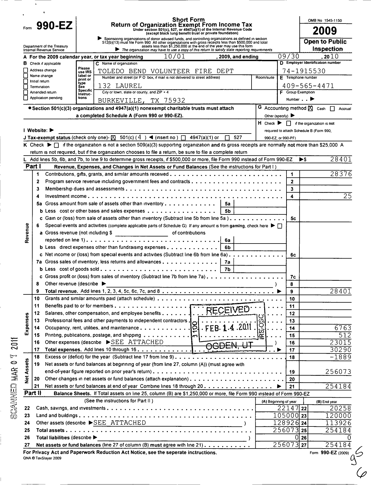 Image of first page of 2009 Form 990EO for Toledo Bend Volunteer Fire Department