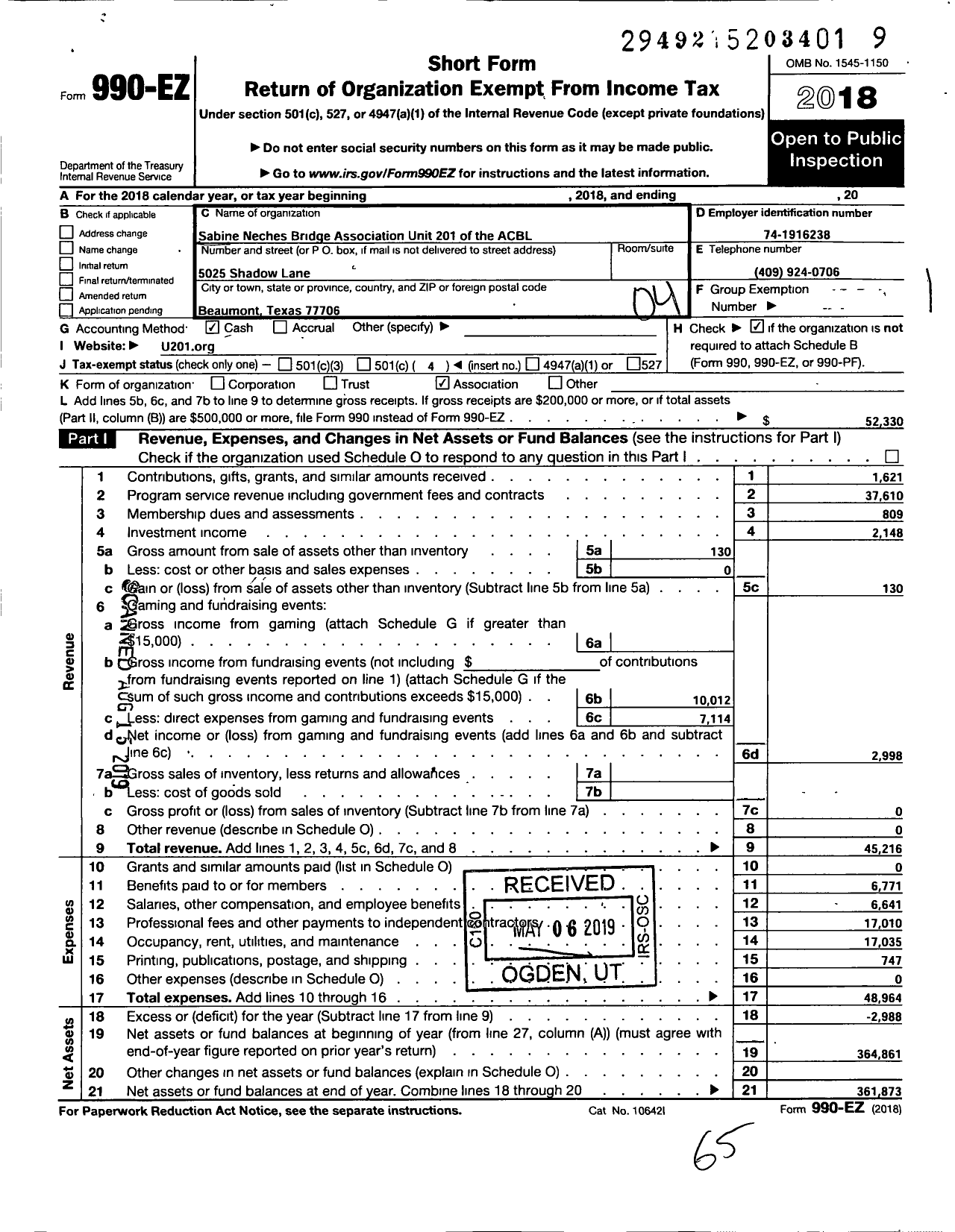 Image of first page of 2018 Form 990EO for Sabine Neches Bridge Association Unit 201 of American Contract Bridge League