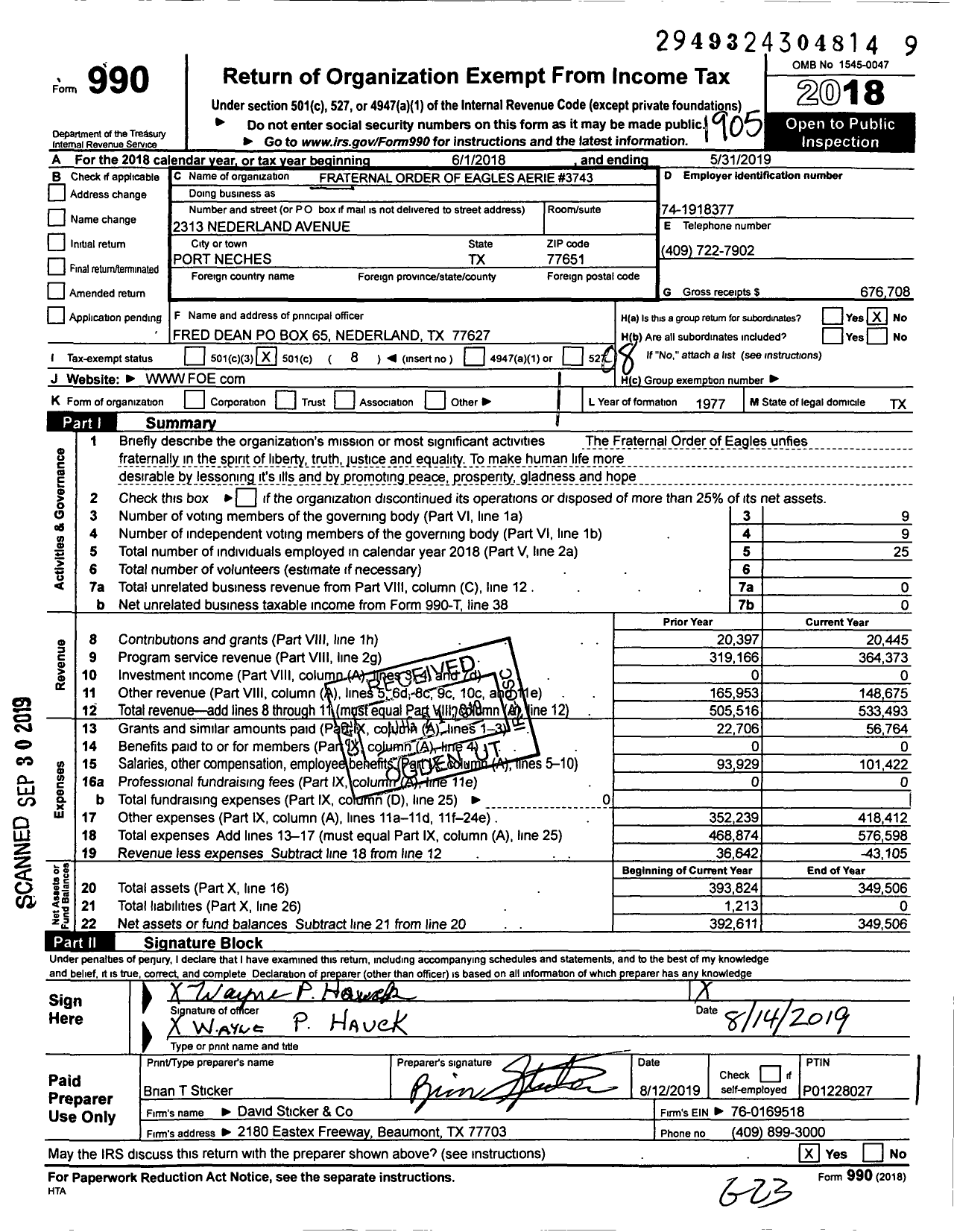 Image of first page of 2018 Form 990O for Fraternal Order of Eagles - 3743 Aerie