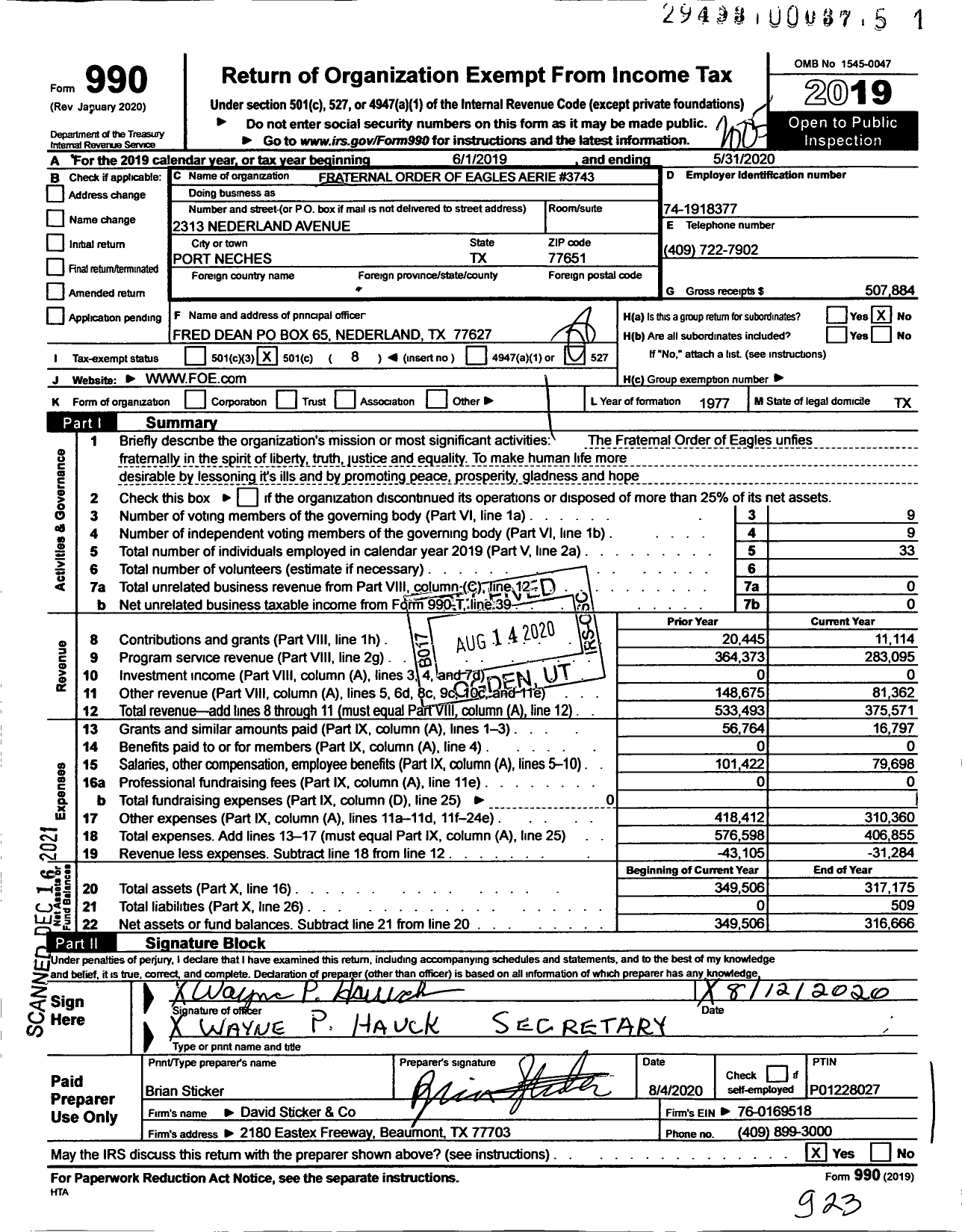 Image of first page of 2019 Form 990O for Fraternal Order of Eagles - 3743 Aerie