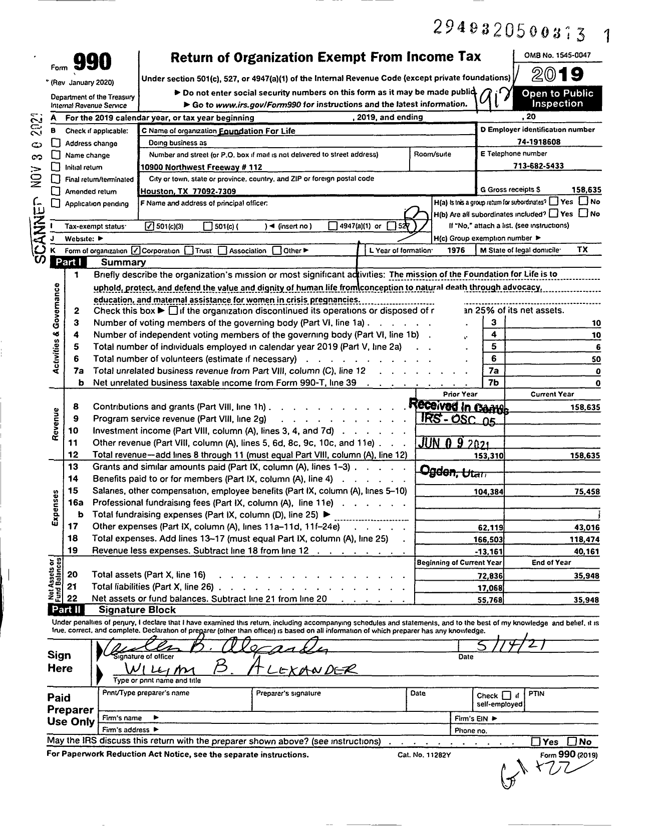 Image of first page of 2019 Form 990 for Foundation for Life