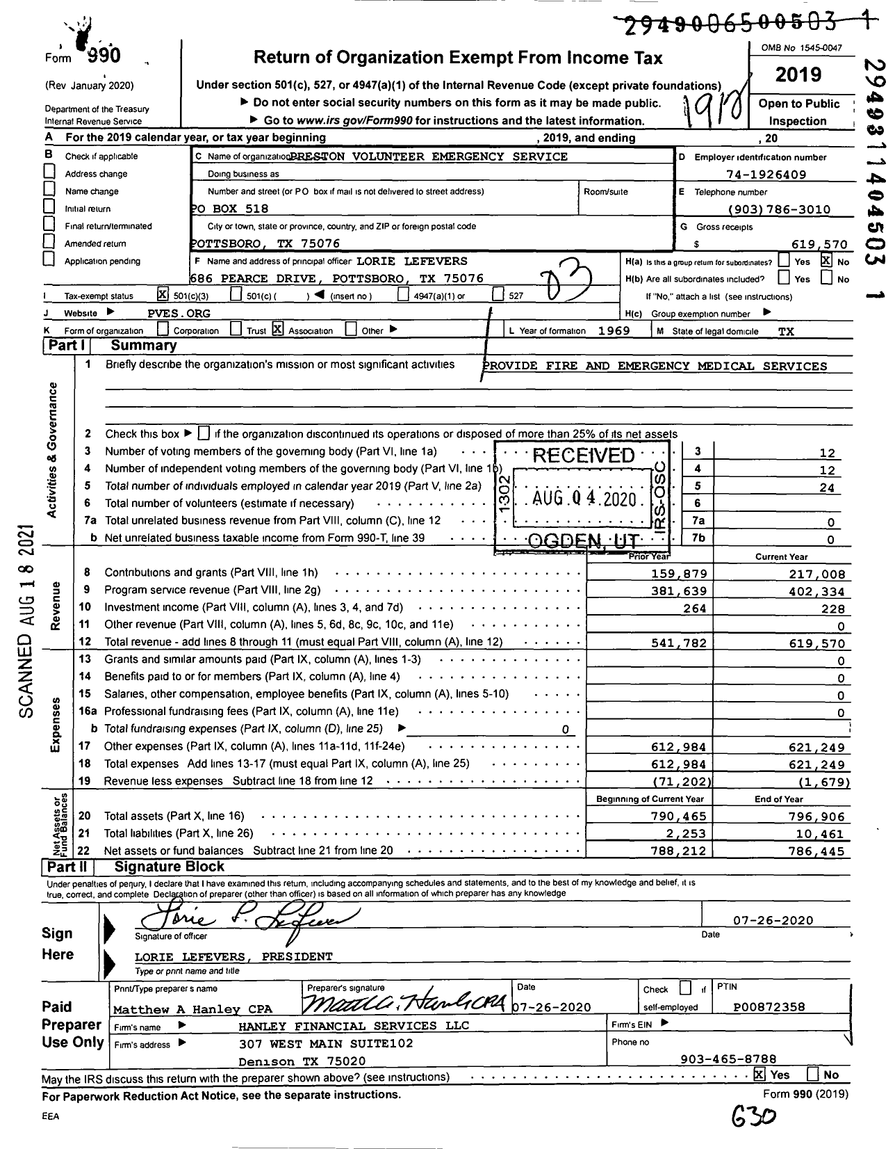 Image of first page of 2019 Form 990 for Preston Volunteer Emergency Service