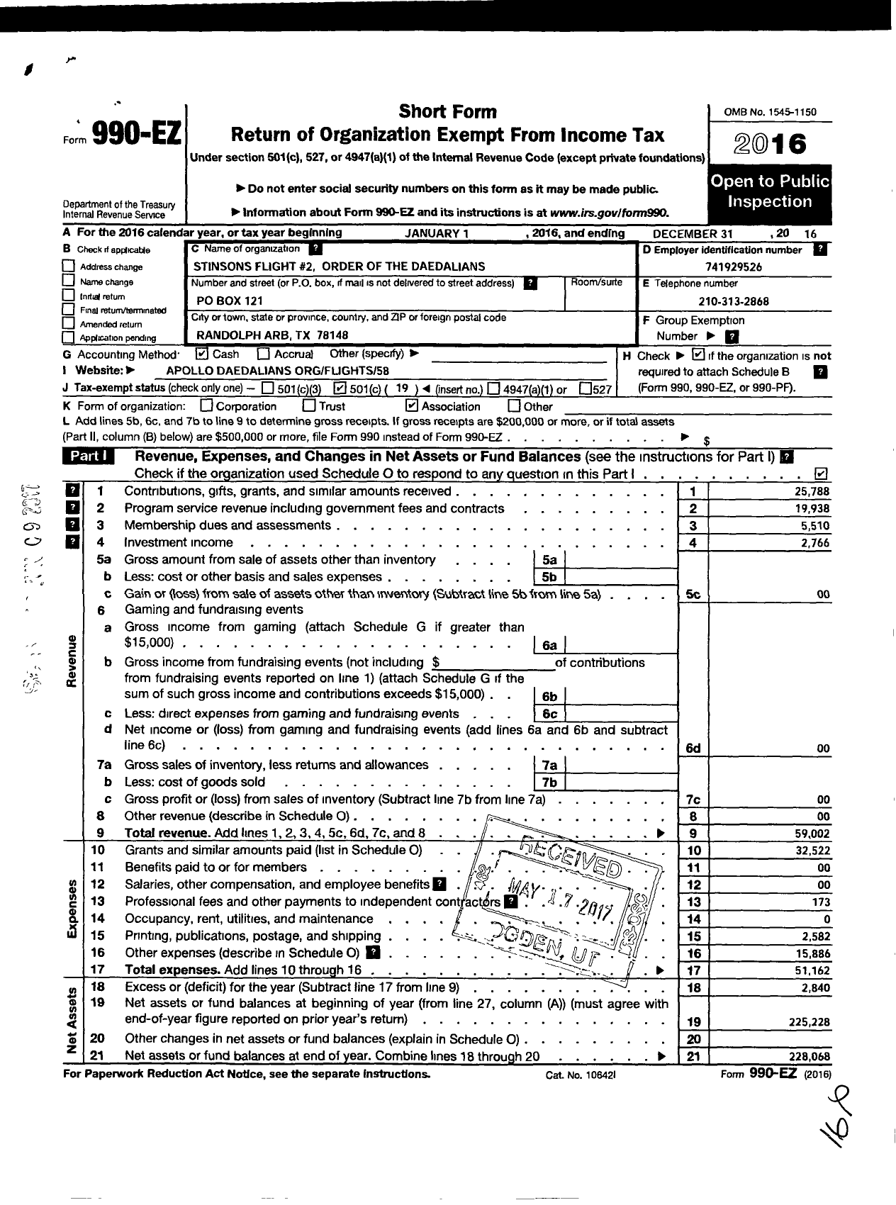 Image of first page of 2016 Form 990EO for Stinsons Flight No 2 of the Order of Daedalians