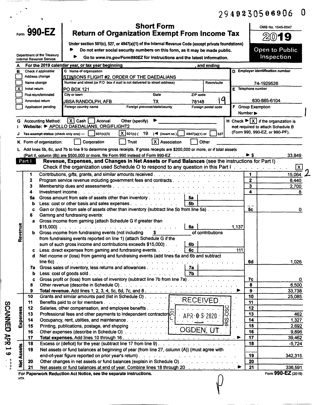 Image of first page of 2019 Form 990EO for Stinsons Flight No 2 of the Order of Daedalians