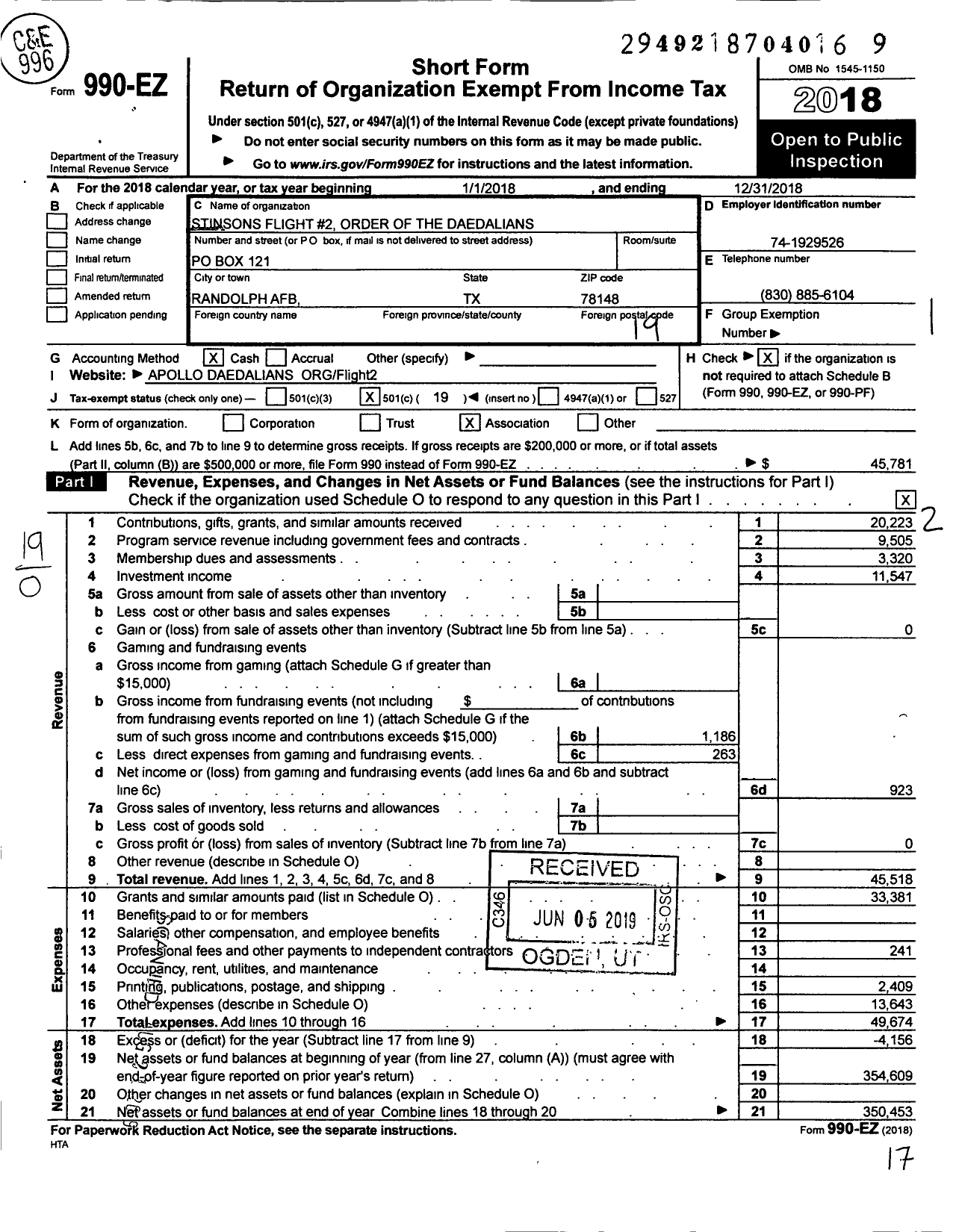 Image of first page of 2018 Form 990EO for Stinsons Flight No 2 of the Order of Daedalians