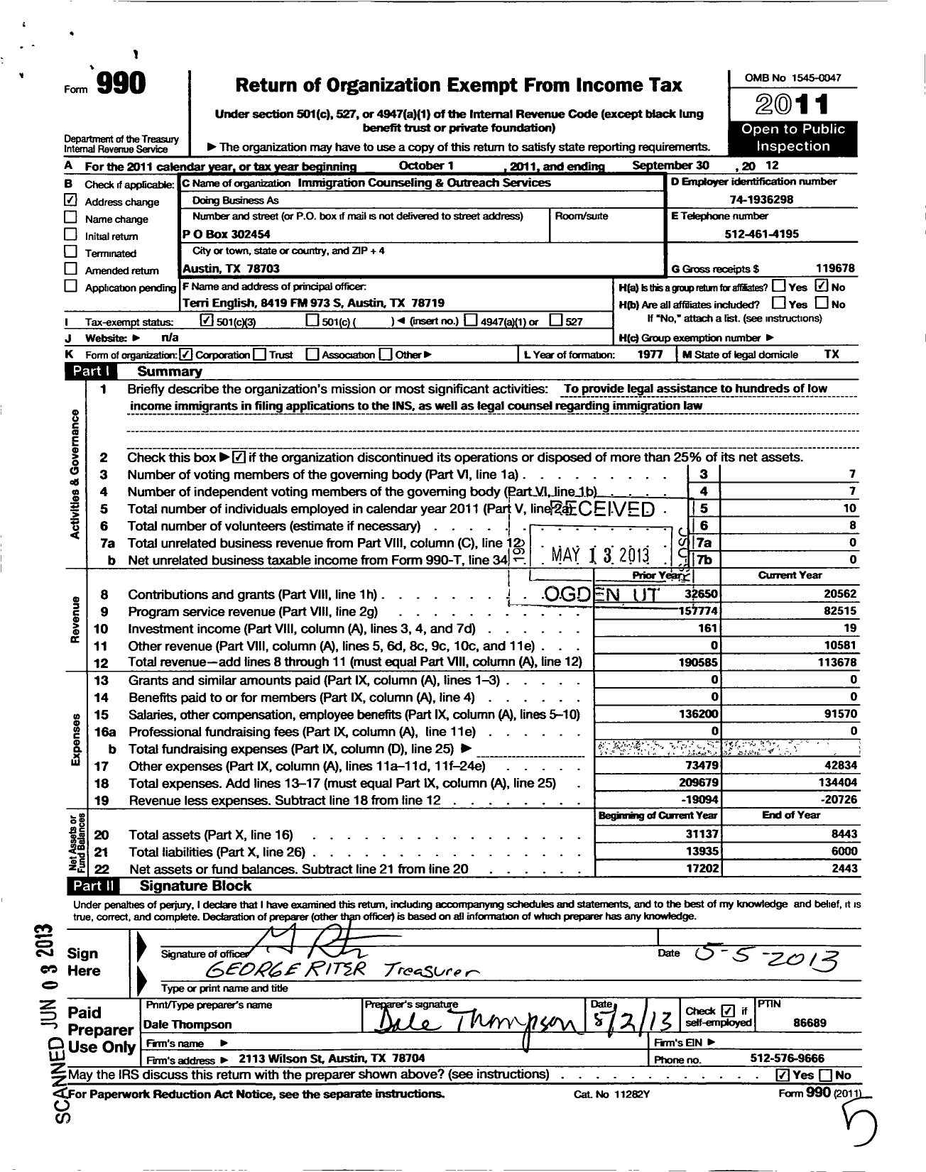 Image of first page of 2011 Form 990 for Immigration Counseling and Outreach Services