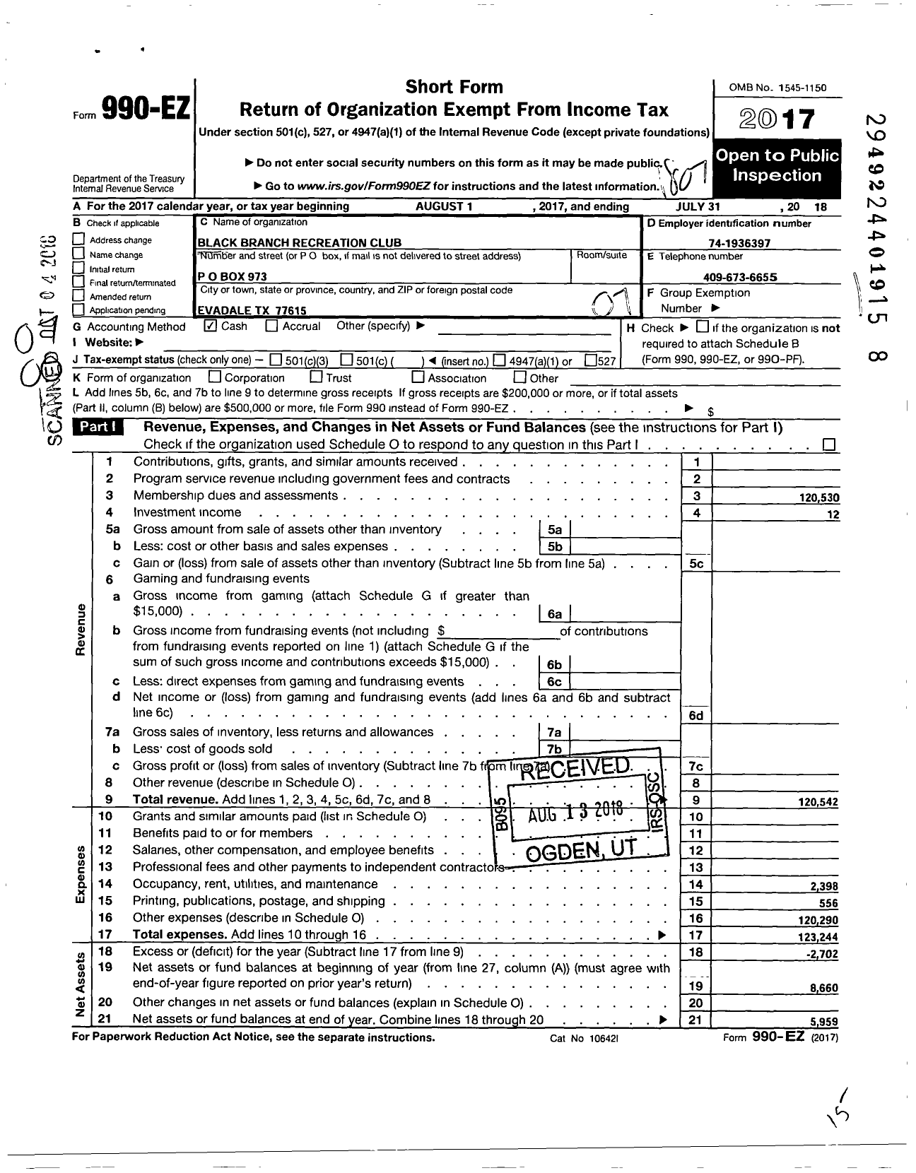 Image of first page of 2017 Form 990EO for Black Branch Recreation Club