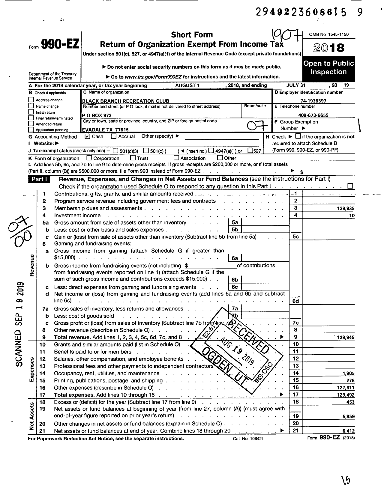 Image of first page of 2018 Form 990EO for Black Branch Recreation Club