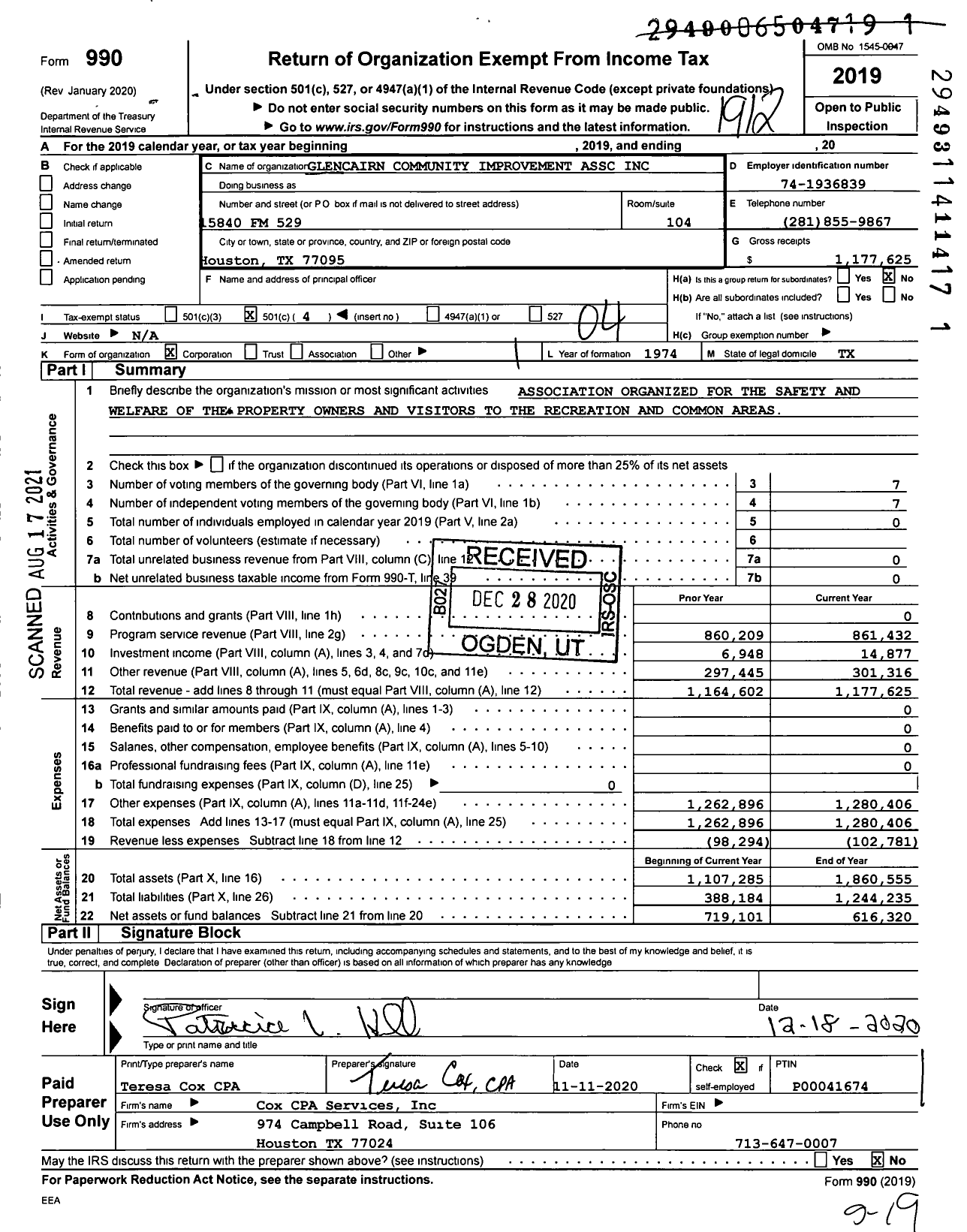 Image of first page of 2019 Form 990O for Glencairn Community Improvement Assc