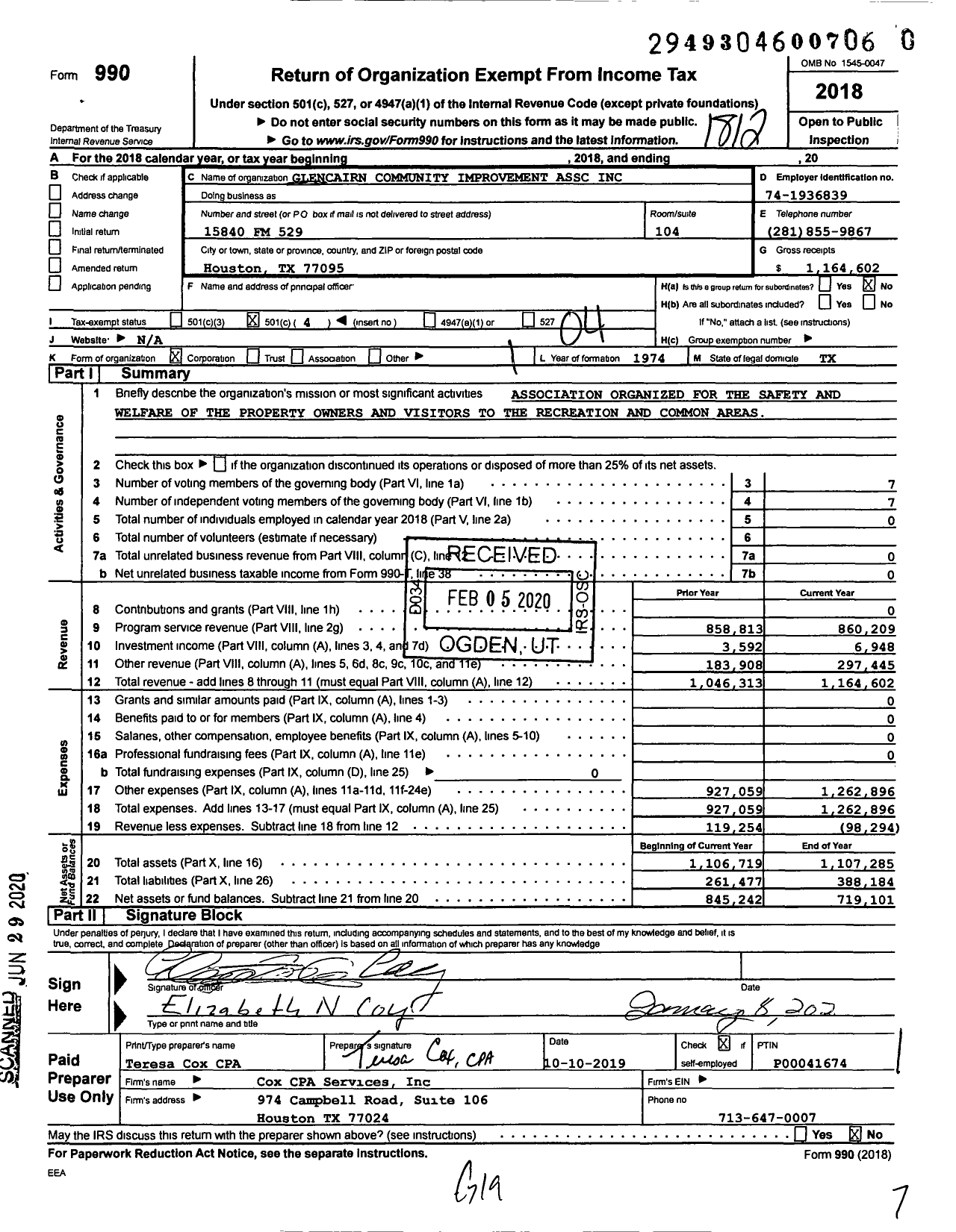 Image of first page of 2018 Form 990O for Glencairn Community Improvement Assc