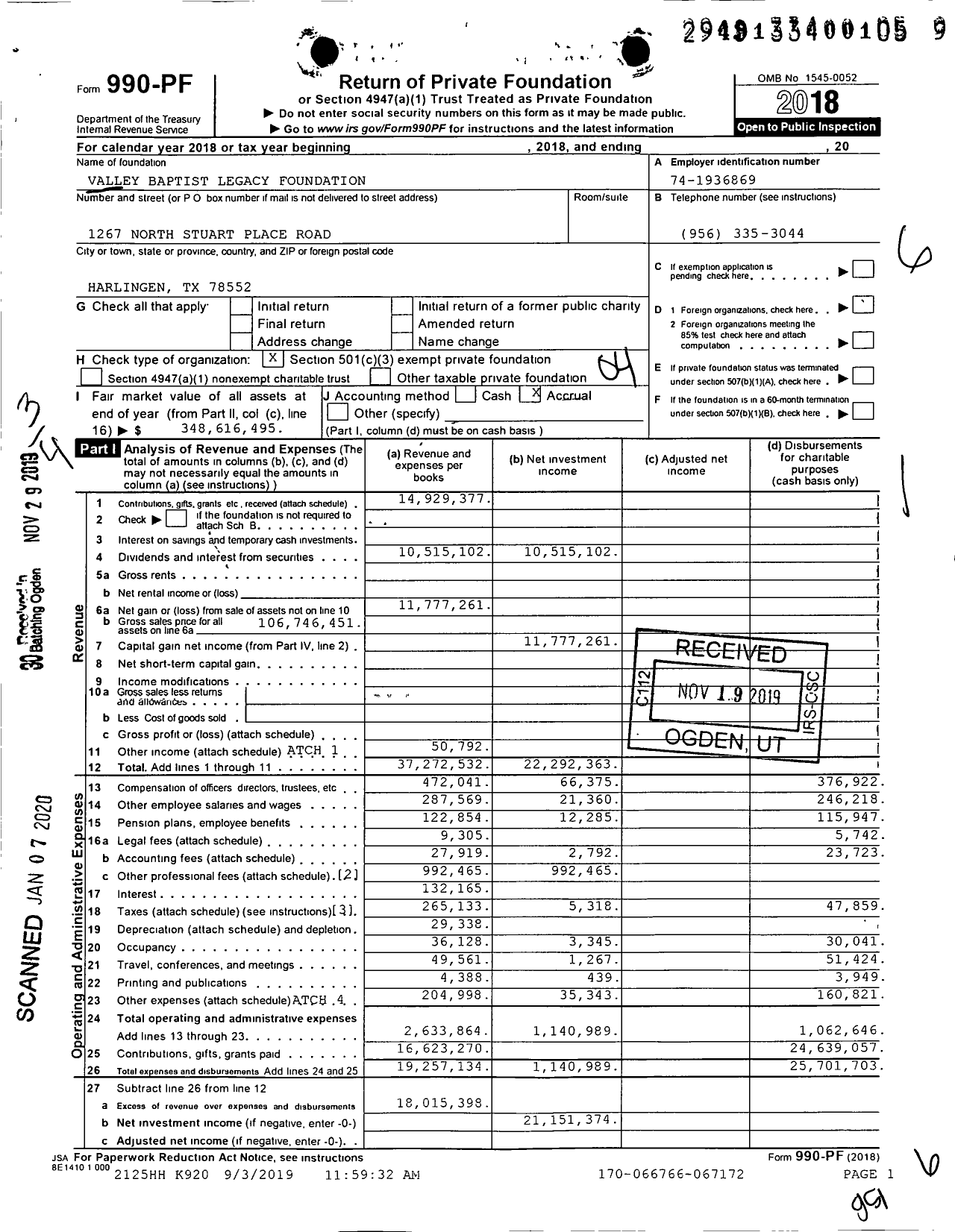 Image of first page of 2018 Form 990PF for Valley Baptist Legacy Foundation