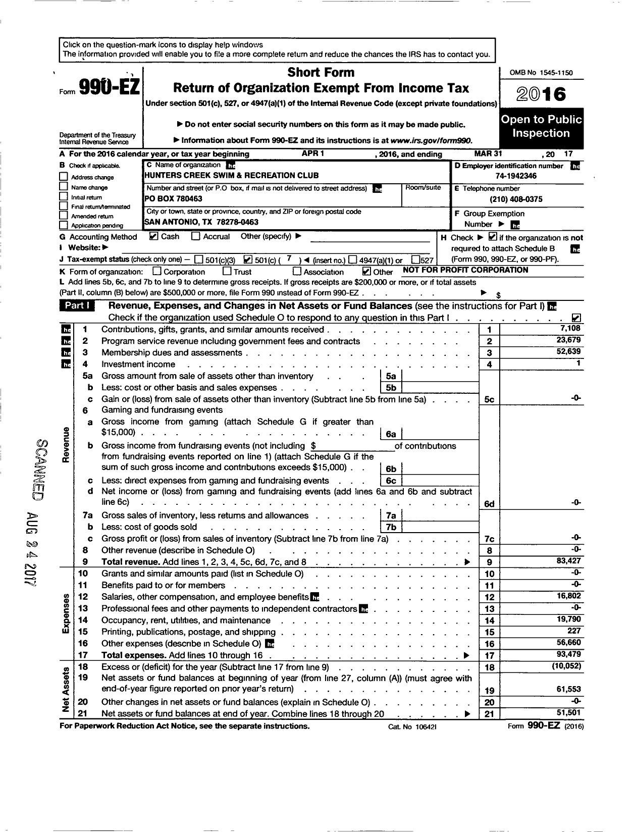 Image of first page of 2016 Form 990EO for Hunters Creek Swim & Recreation Club