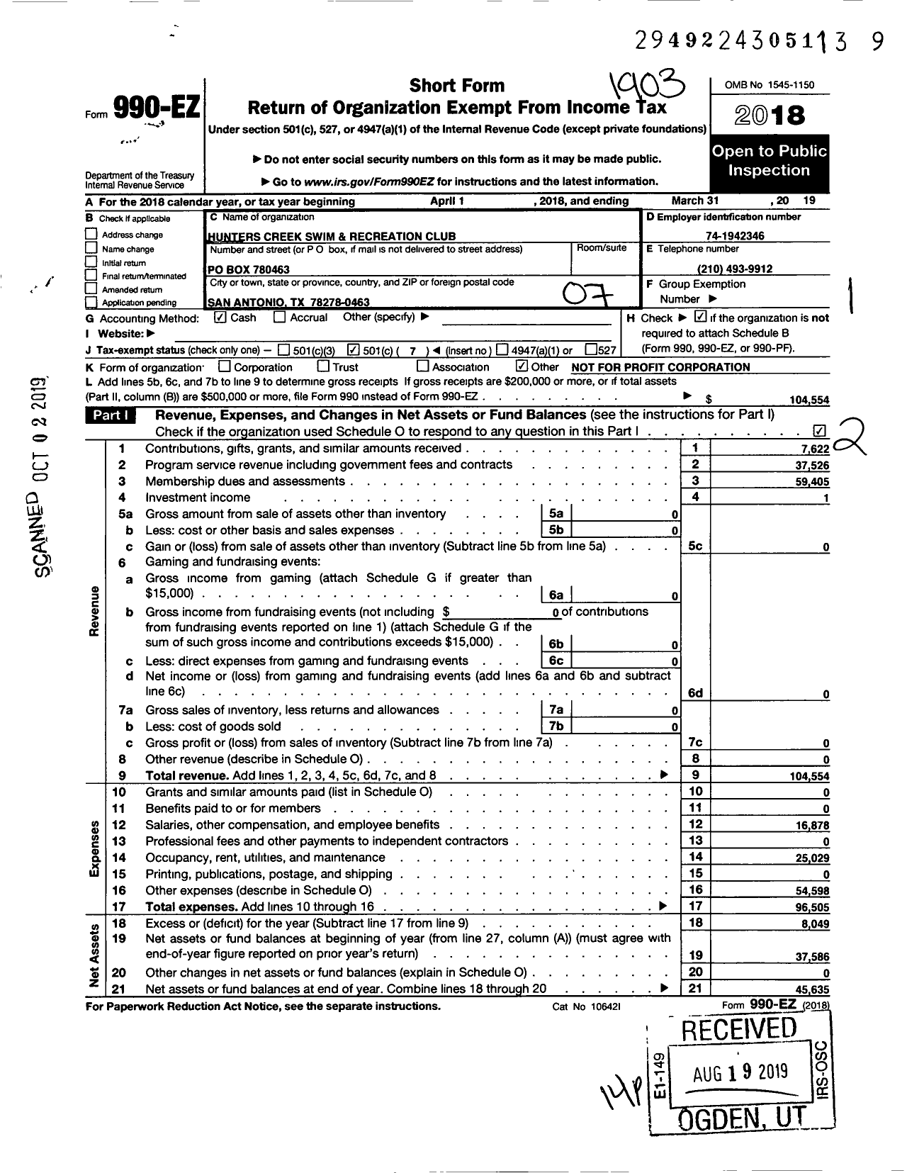 Image of first page of 2018 Form 990EO for Hunters Creek Swim & Recreation Club