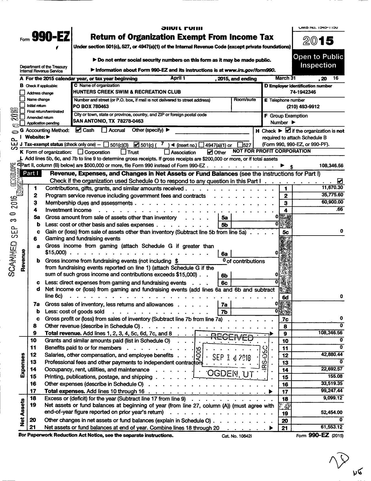 Image of first page of 2015 Form 990EO for Hunters Creek Swim & Recreation Club