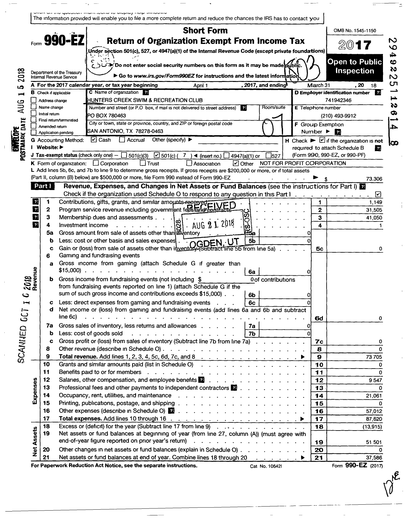 Image of first page of 2017 Form 990EO for Hunters Creek Swim & Recreation Club