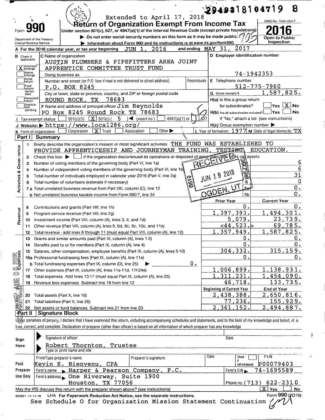 Image of first page of 2016 Form 990O for Austin Plumbers and Pipefitters Area Joint Apprentice Committee Trust Fund
