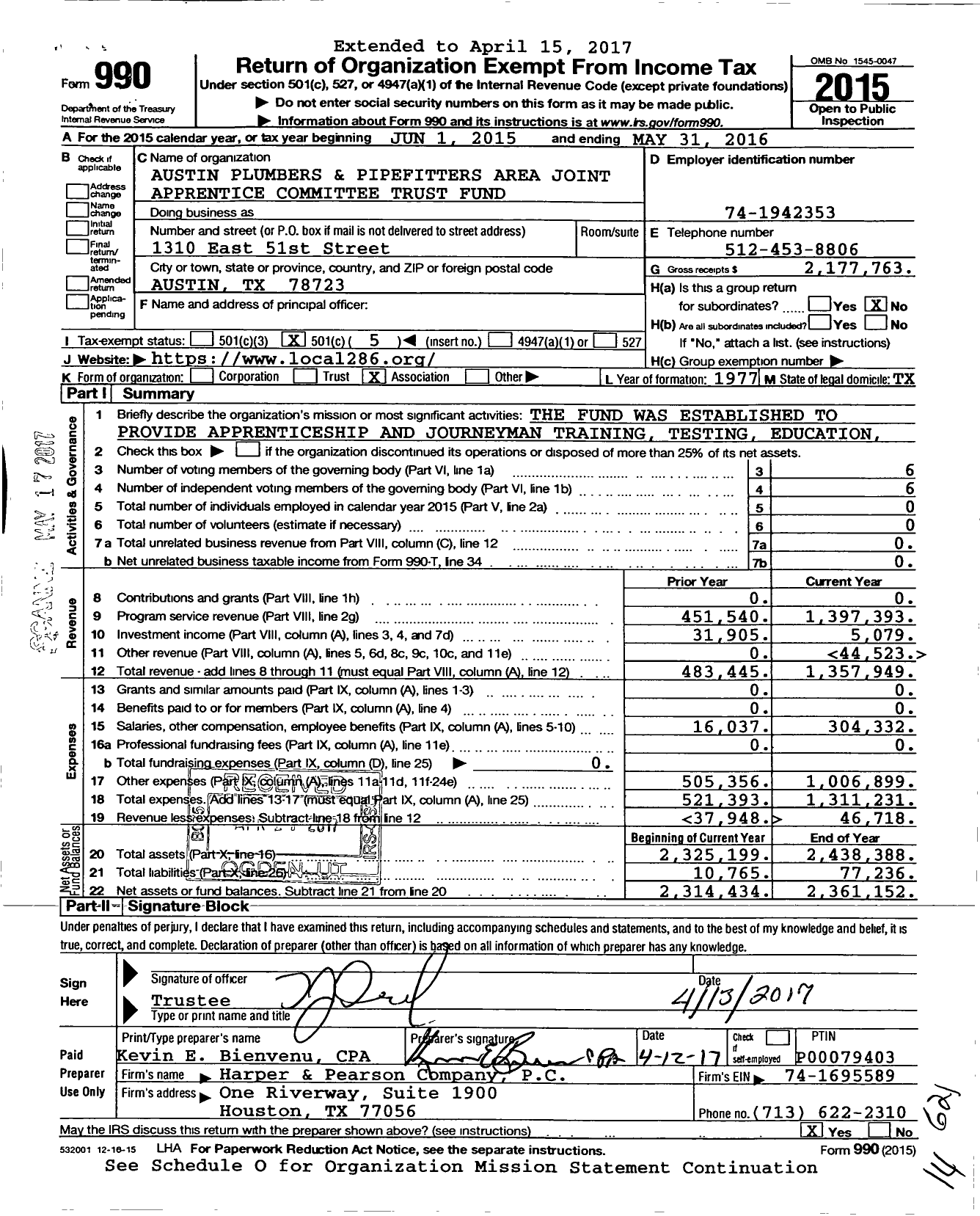 Image of first page of 2015 Form 990O for Austin Plumbers and Pipefitters Area Joint Apprentice Committee Trust Fund