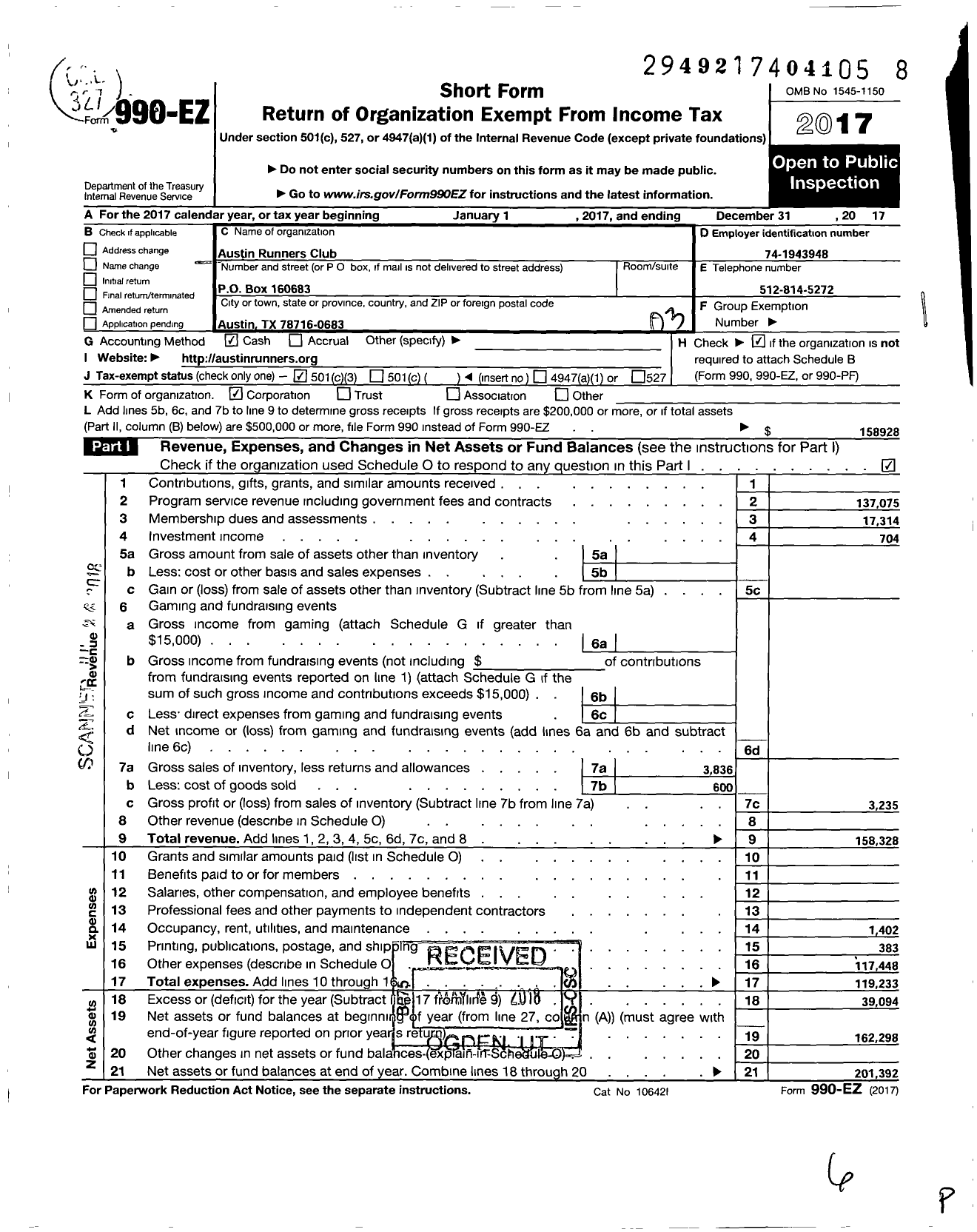 Image of first page of 2017 Form 990EZ for The Austin Runners Club