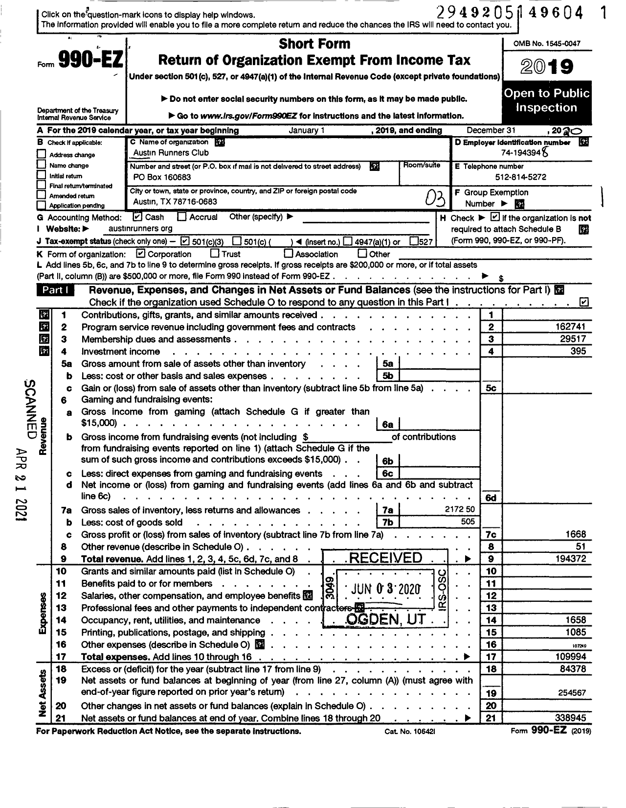 Image of first page of 2019 Form 990EZ for The Austin Runners Club