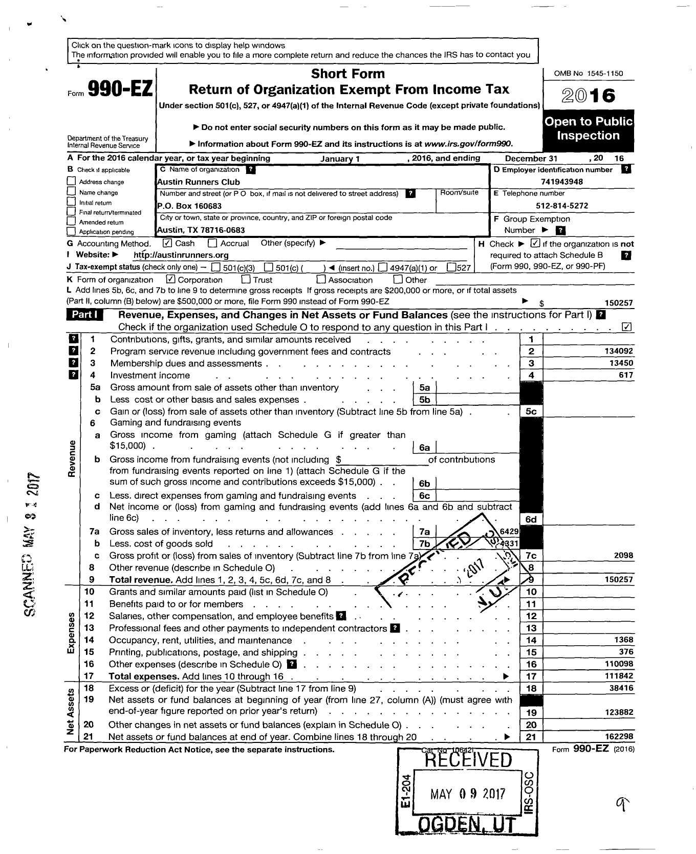 Image of first page of 2016 Form 990EO for The Austin Runners Club