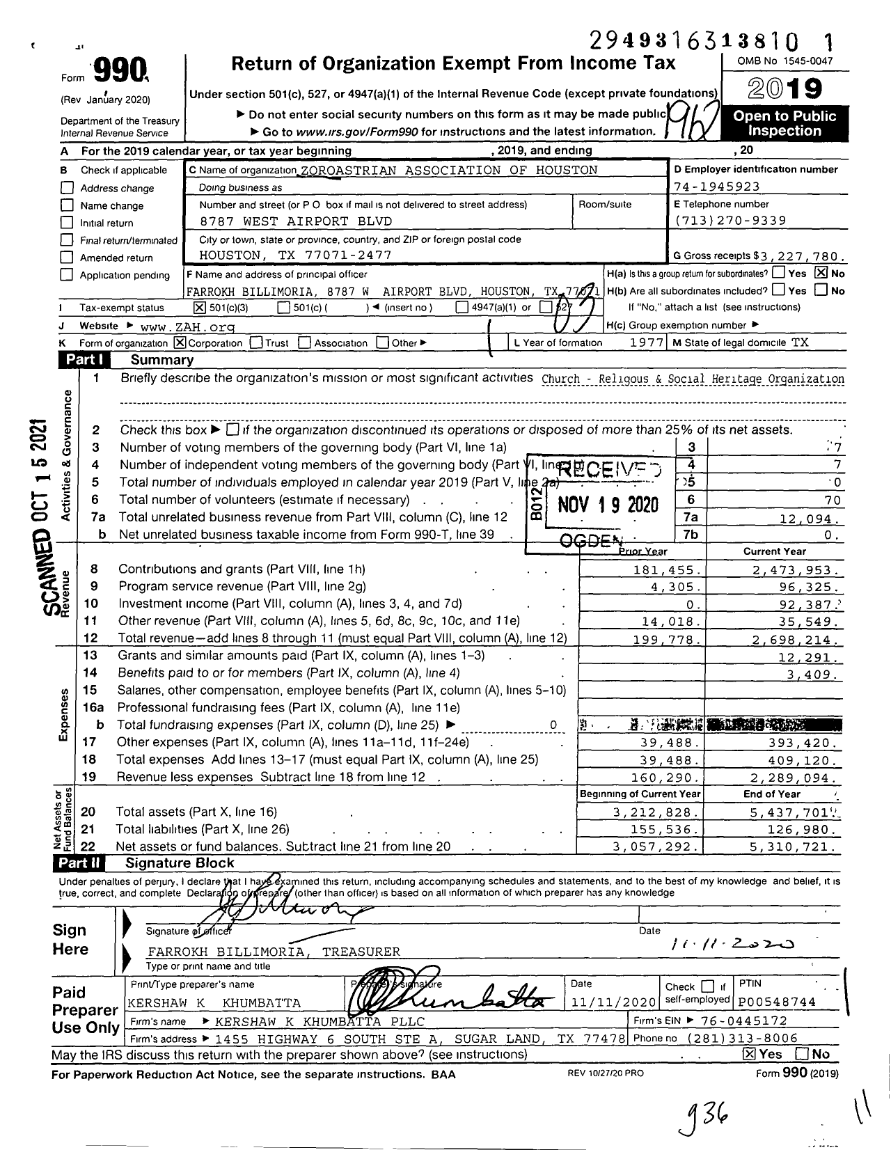 Image of first page of 2019 Form 990 for Zoroastrian Association of Houston