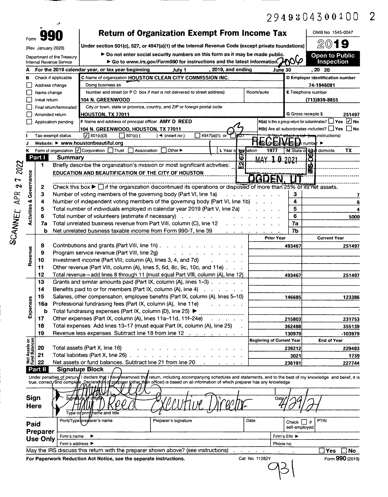 Image of first page of 2019 Form 990 for Houston Clean City Commission