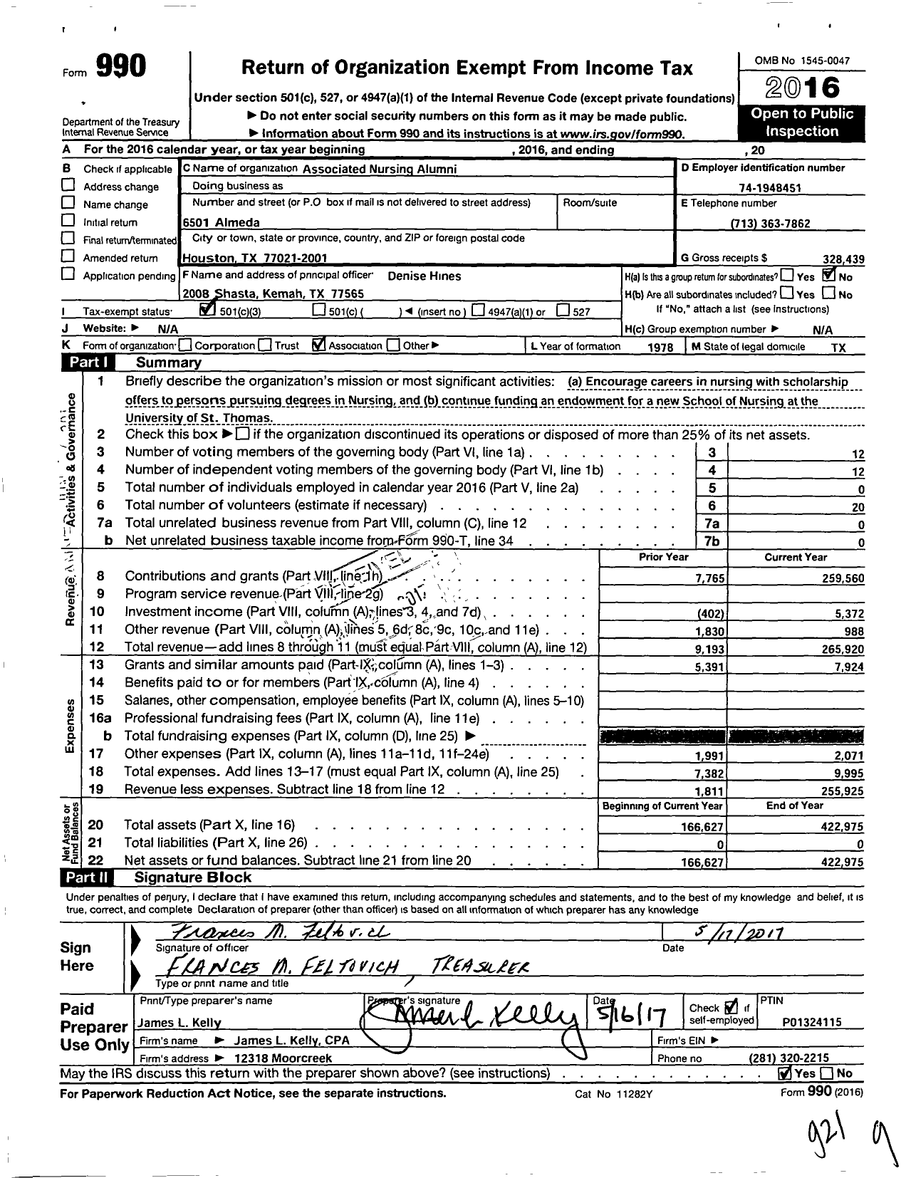 Image of first page of 2016 Form 990 for Associated Nursing Alumni