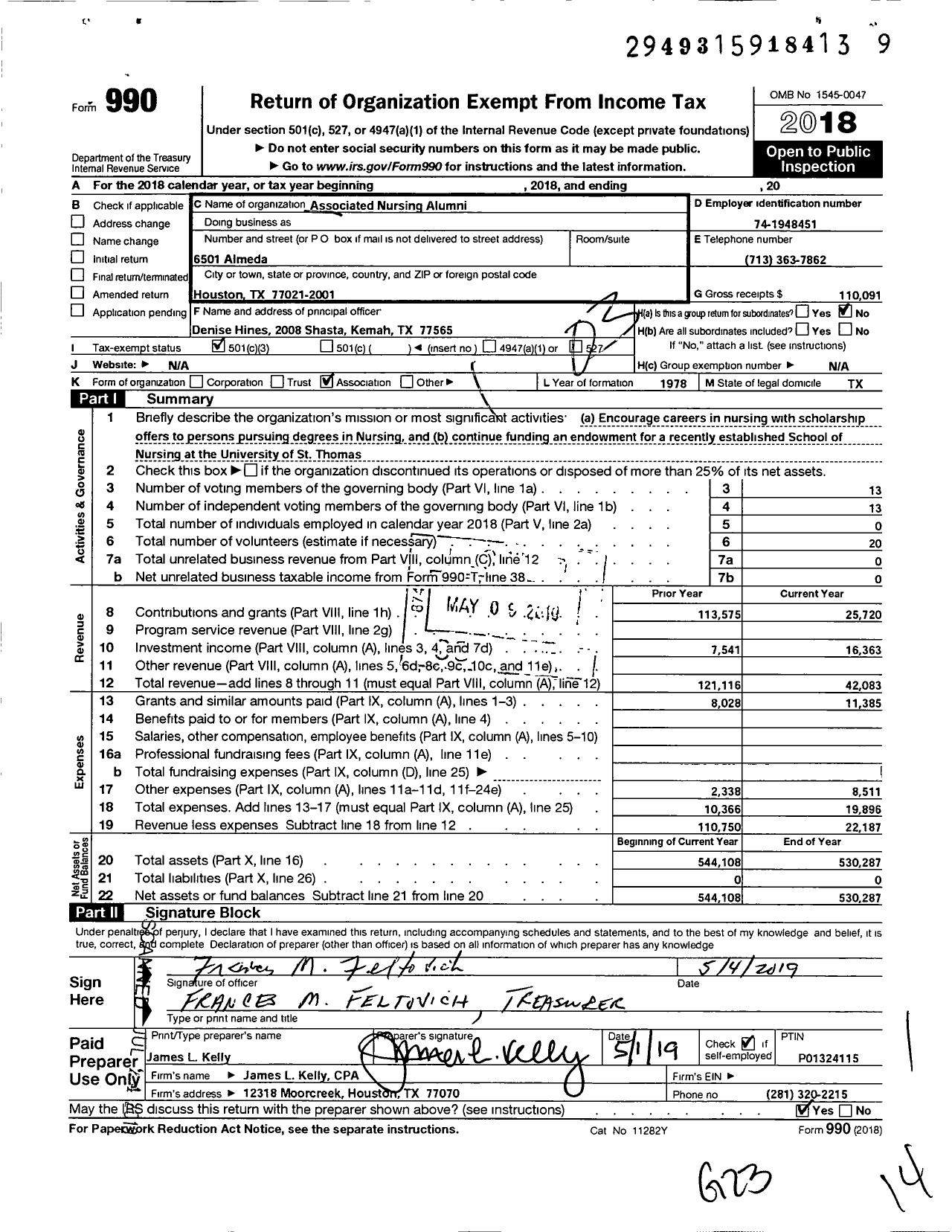 Image of first page of 2018 Form 990 for Associated Nursing Alumni