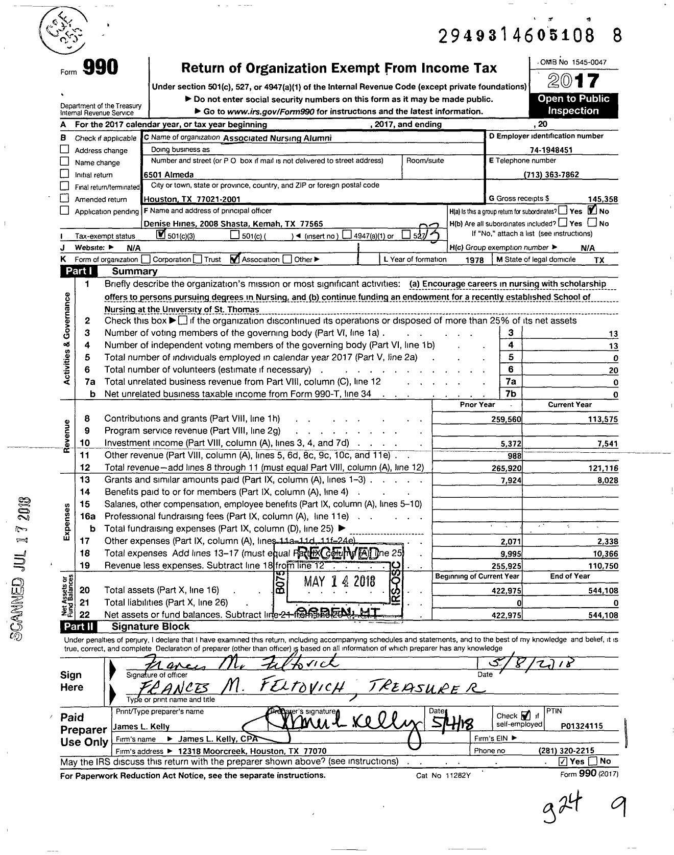 Image of first page of 2017 Form 990 for Associated Nursing Alumni