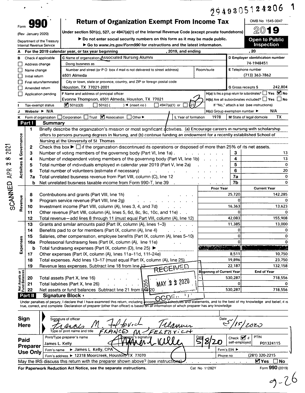 Image of first page of 2019 Form 990 for Associated Nursing Alumni