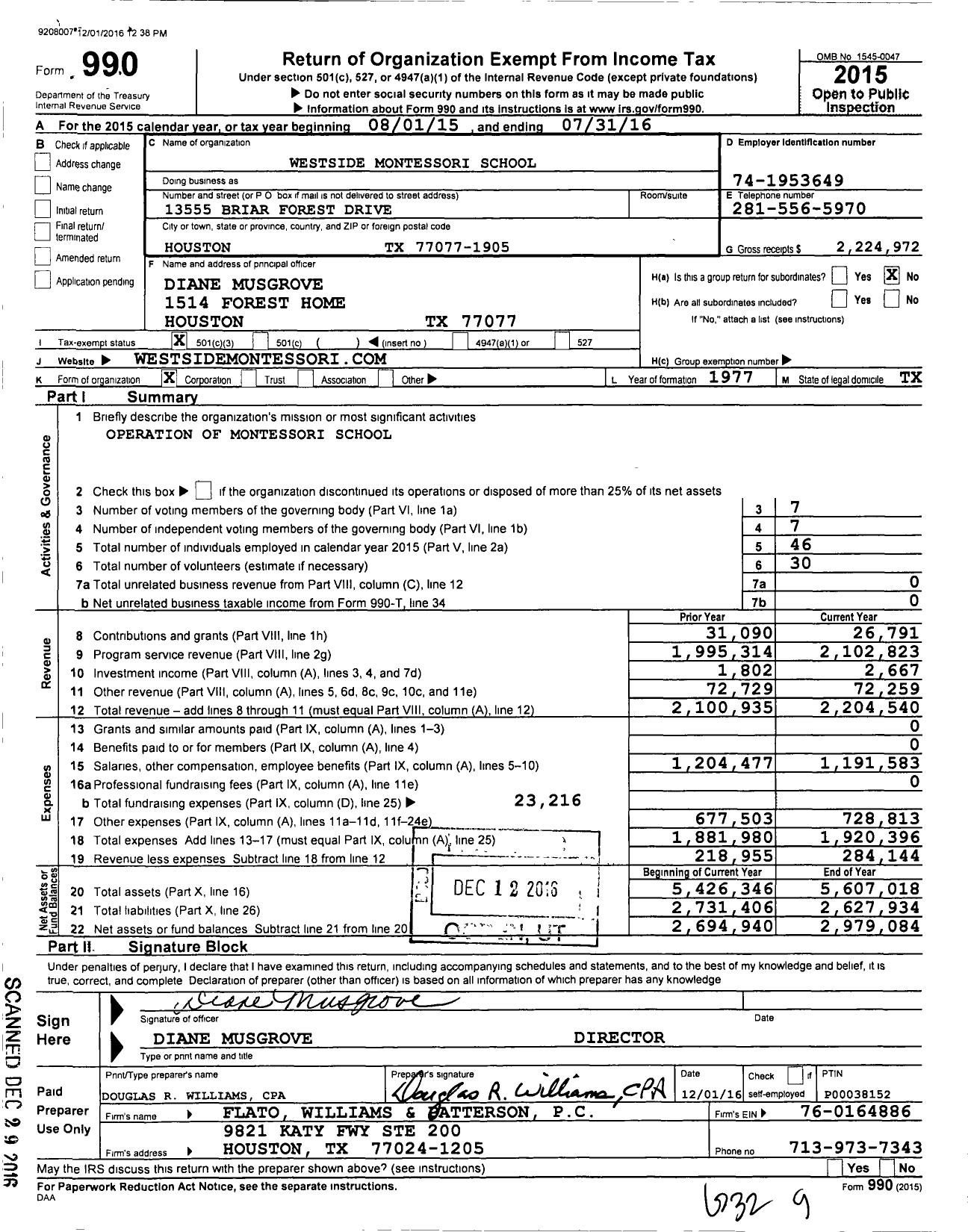 Image of first page of 2015 Form 990 for Westside Montessori School