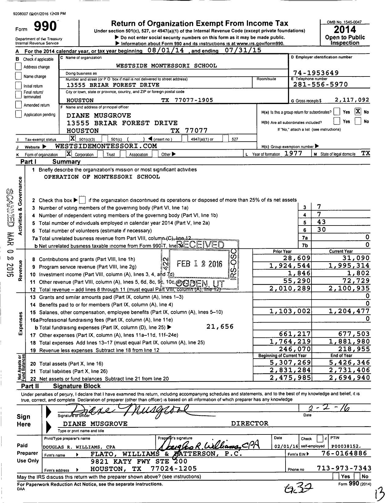 Image of first page of 2014 Form 990 for Westside Montessori School