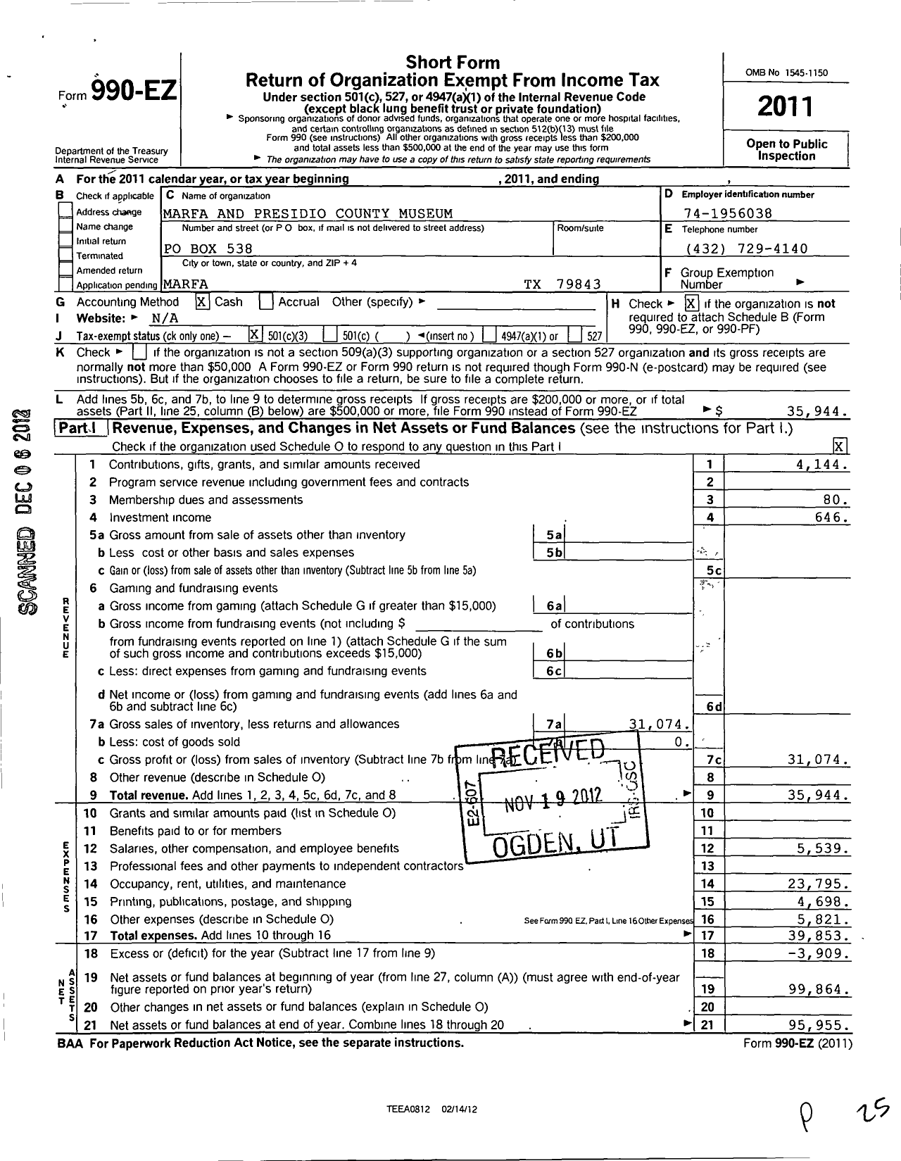 Image of first page of 2011 Form 990EZ for Marfa and Presidio County Museum Association