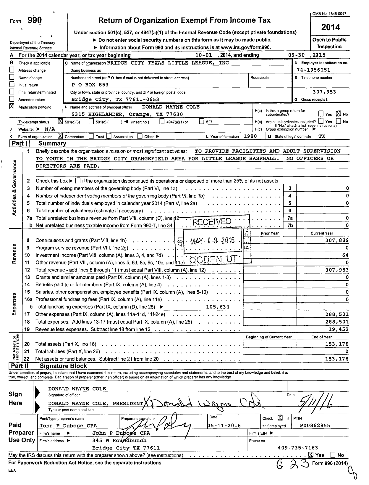 Image of first page of 2014 Form 990 for Bridge City Little League