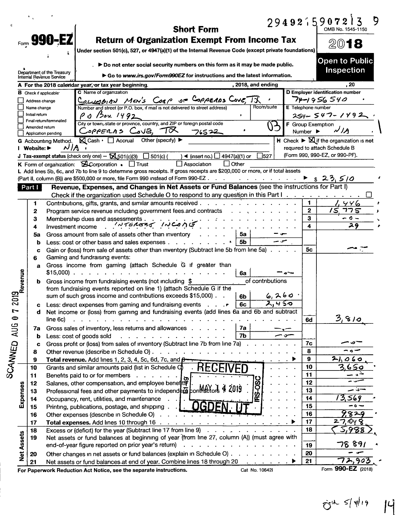 Image of first page of 2018 Form 990EZ for Columbian Mens Corporation of Copperas Cove Texas