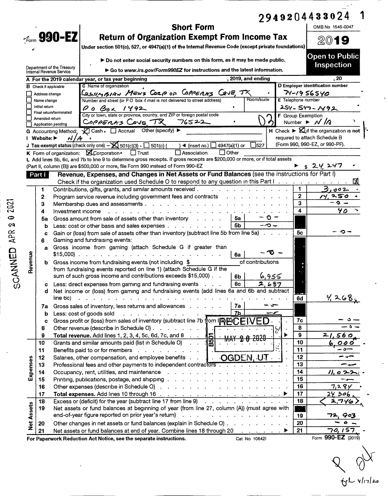 Image of first page of 2019 Form 990EZ for Columbian Mens Corporation of Copperas Cove Texas