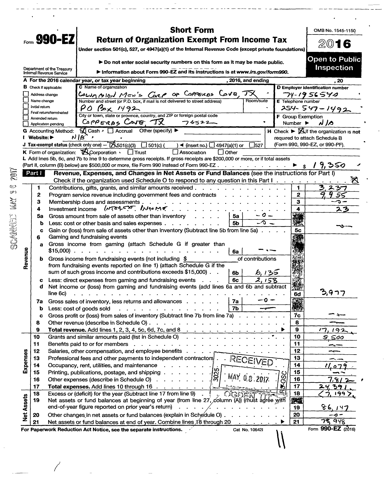 Image of first page of 2016 Form 990EZ for Columbian Mens Corporation of Copperas Cove Texas