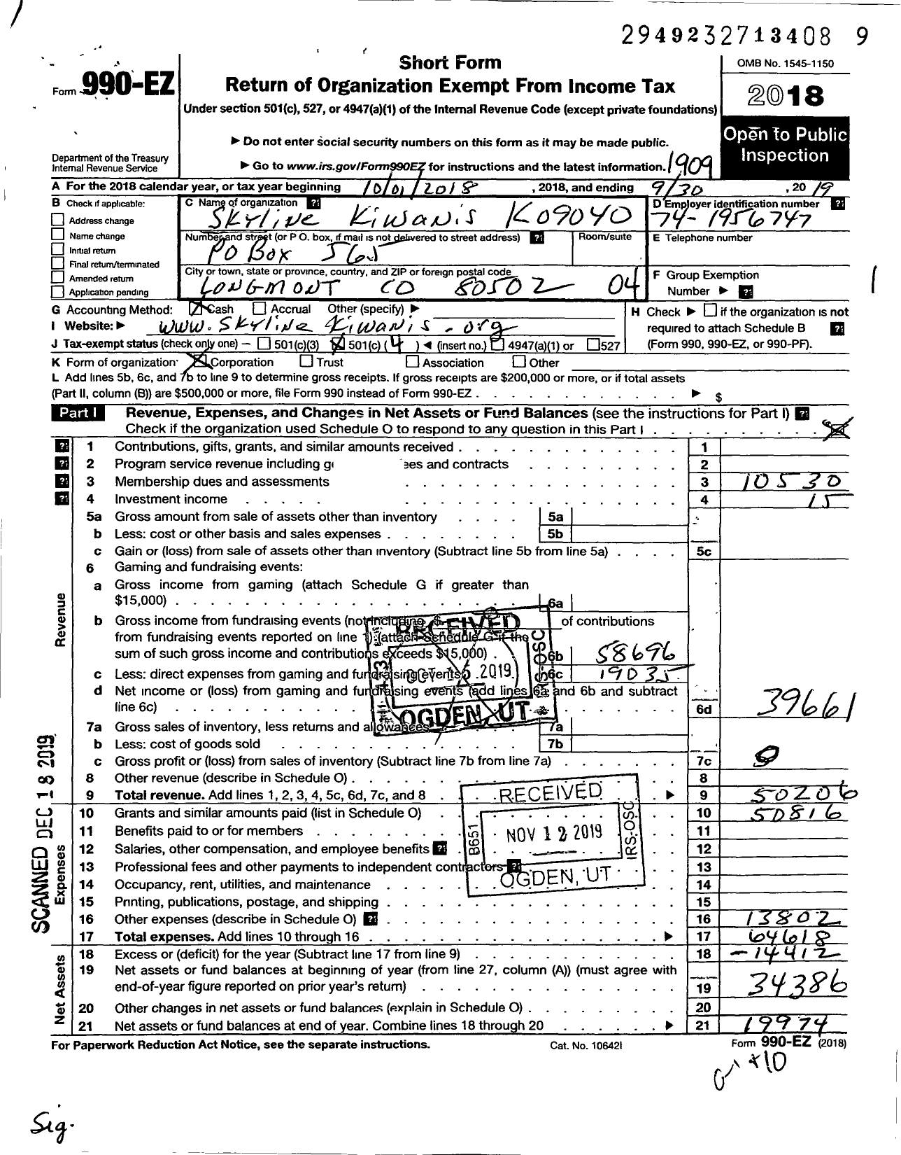 Image of first page of 2018 Form 990EO for Kiwanis International - K09040 Skyline Longmont