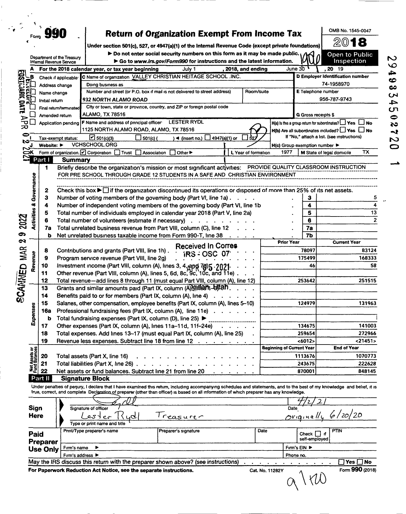 Image of first page of 2018 Form 990 for Valley Christian Heritage School