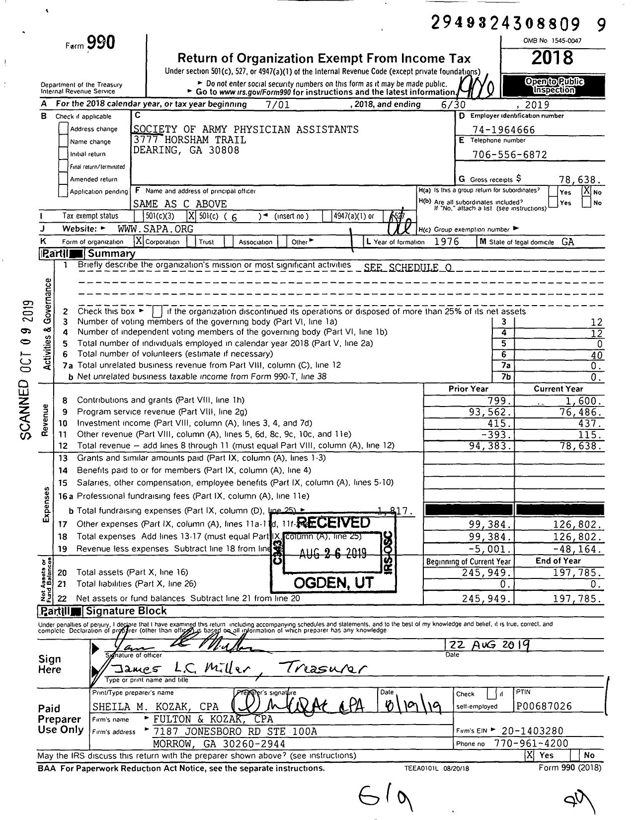 Image of first page of 2018 Form 990O for SOCIETY OF ARMY PHYSICIAN ASSISTANtS