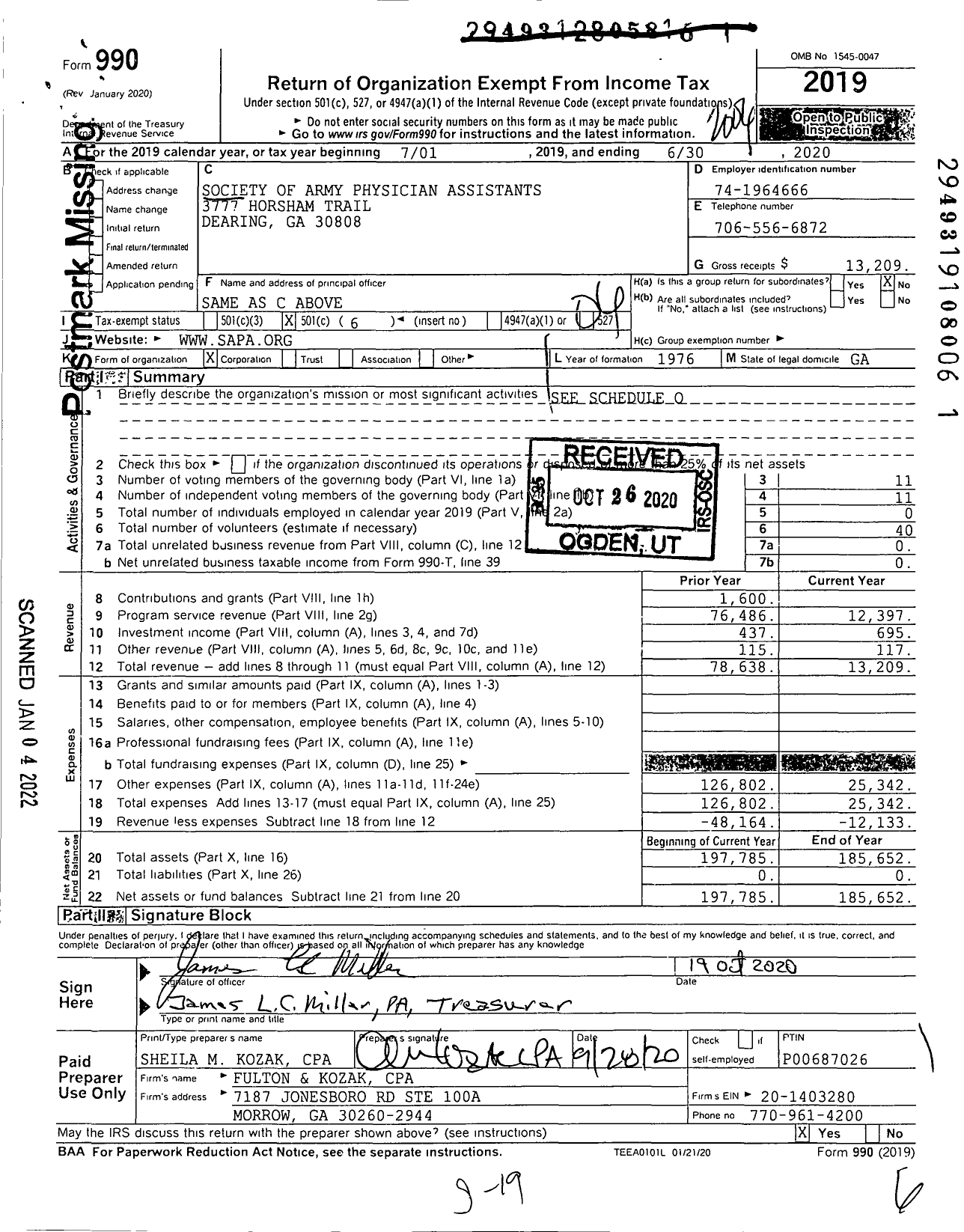 Image of first page of 2019 Form 990O for SOCIETY OF ARMY PHYSICIAN ASSISTANtS