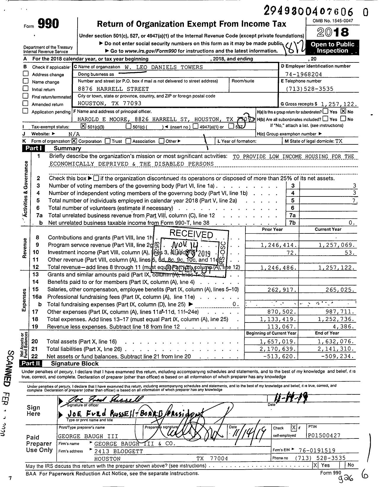 Image of first page of 2018 Form 990 for W Leo Daniels Towers