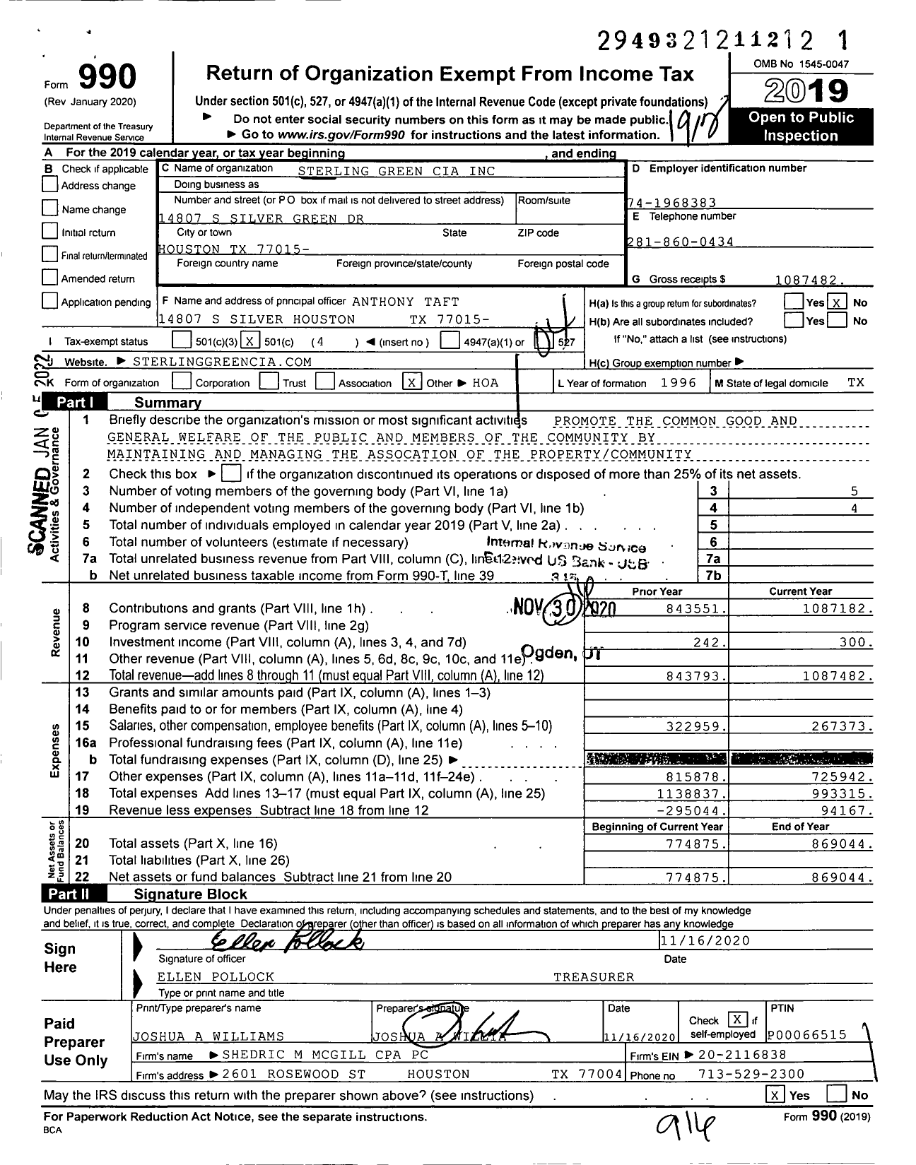 Image of first page of 2019 Form 990O for Sterling Green CIA