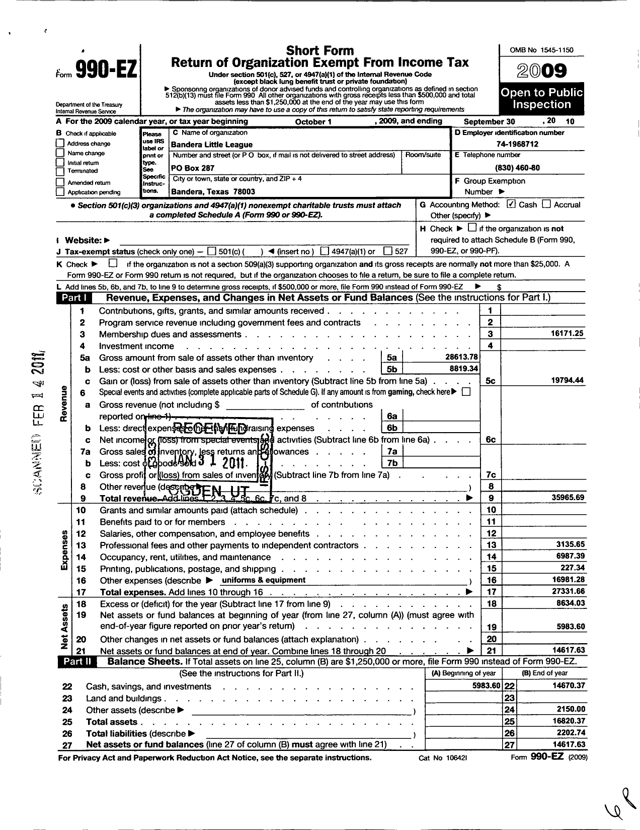 Image of first page of 2009 Form 990EO for Little League Baseball - 3432113 Bandera County LL