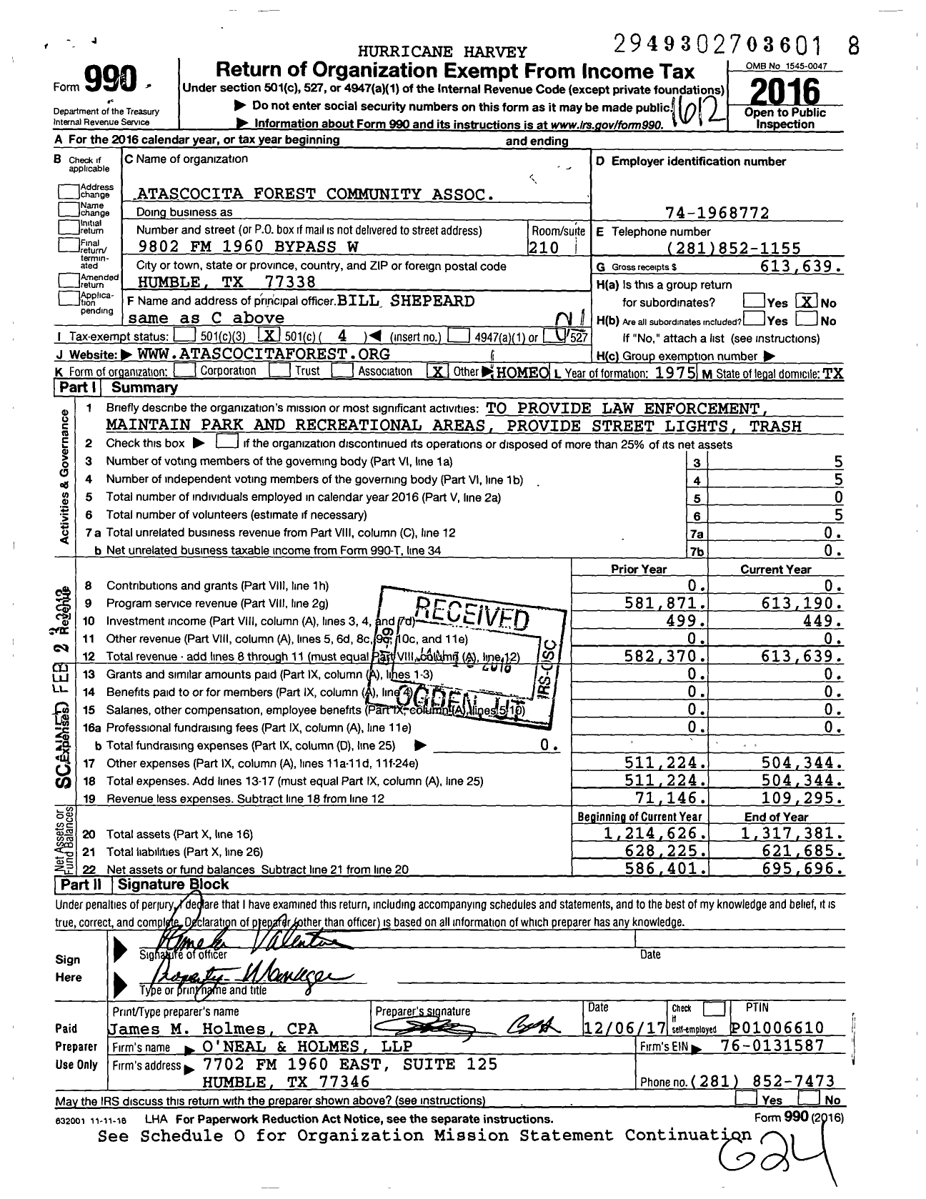 Image of first page of 2016 Form 990O for Atascocita Forest Community Association