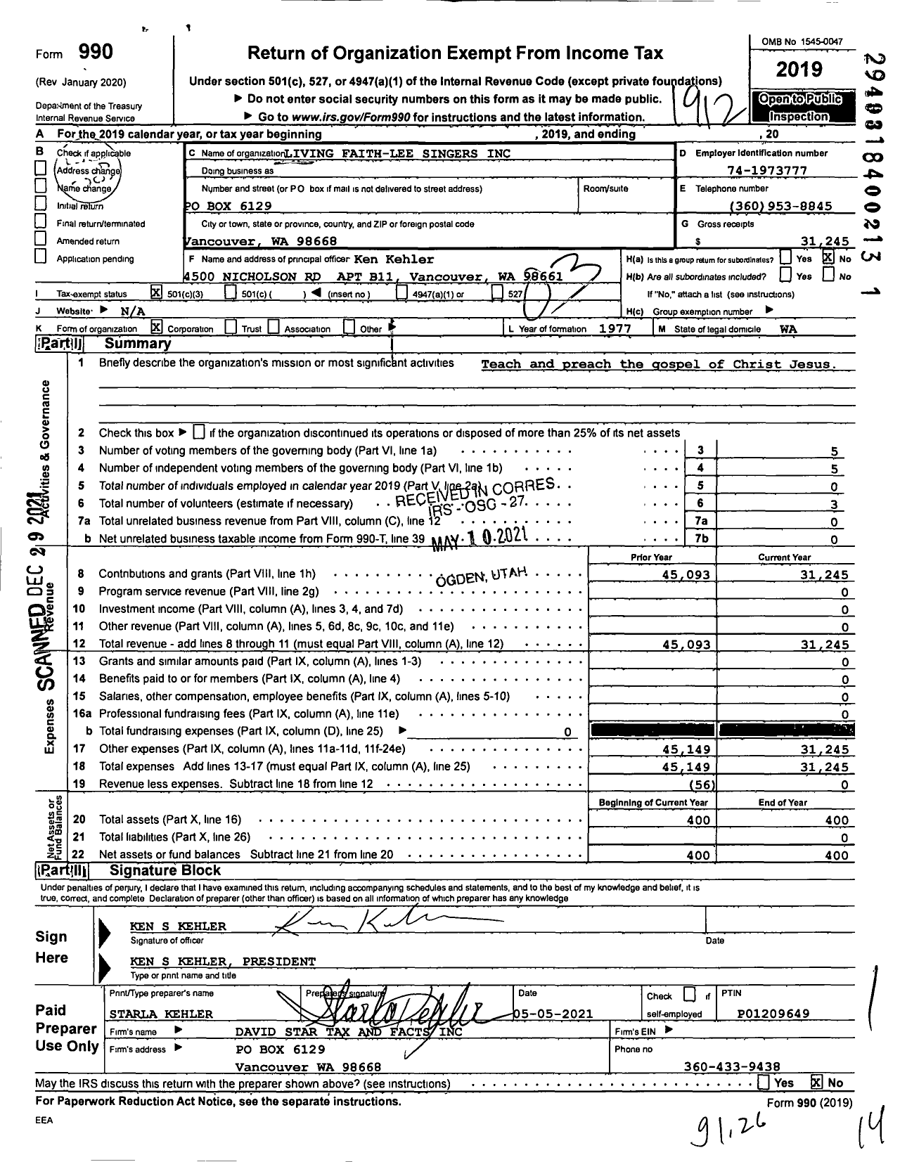 Image of first page of 2019 Form 990 for Living Faith-Lee Singers