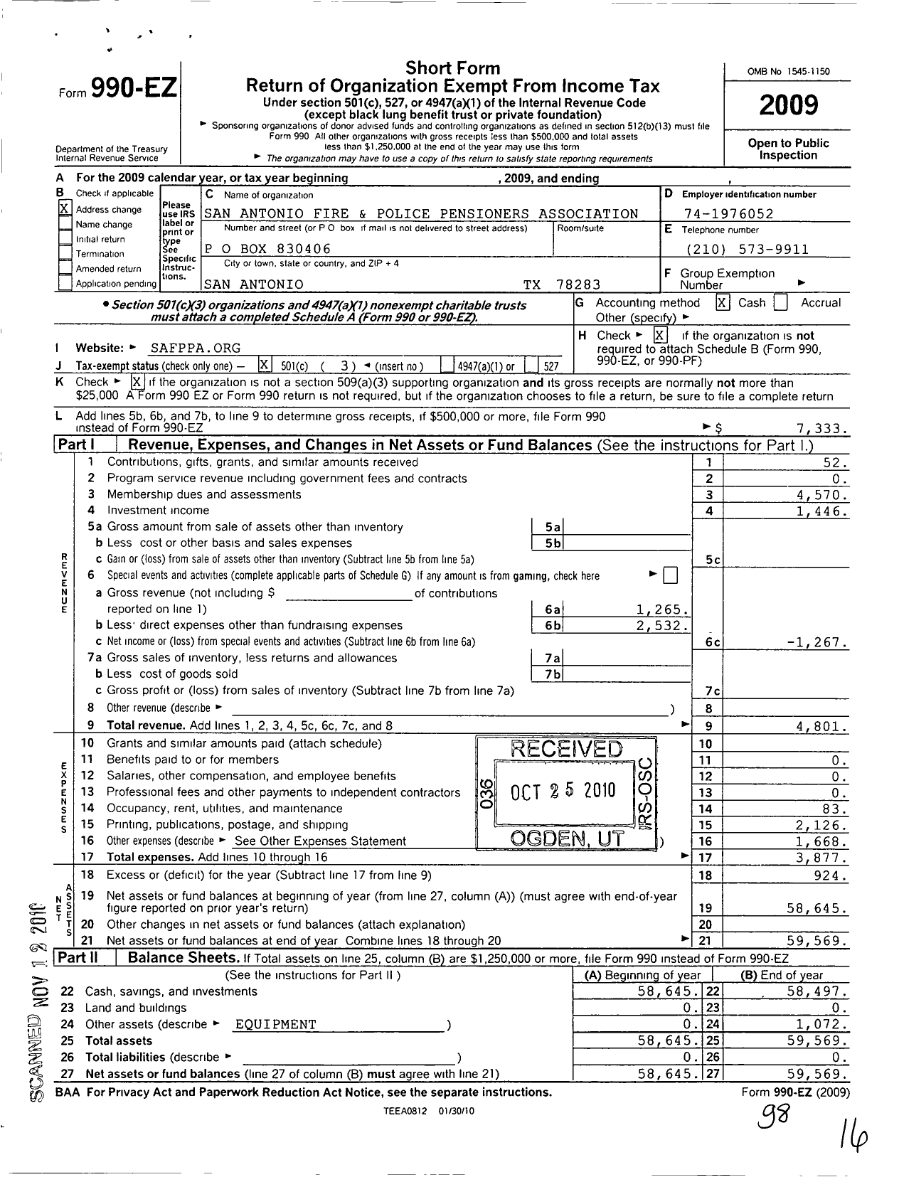 Image of first page of 2009 Form 990EZ for San Antonio Fire and Police Pensioners Association